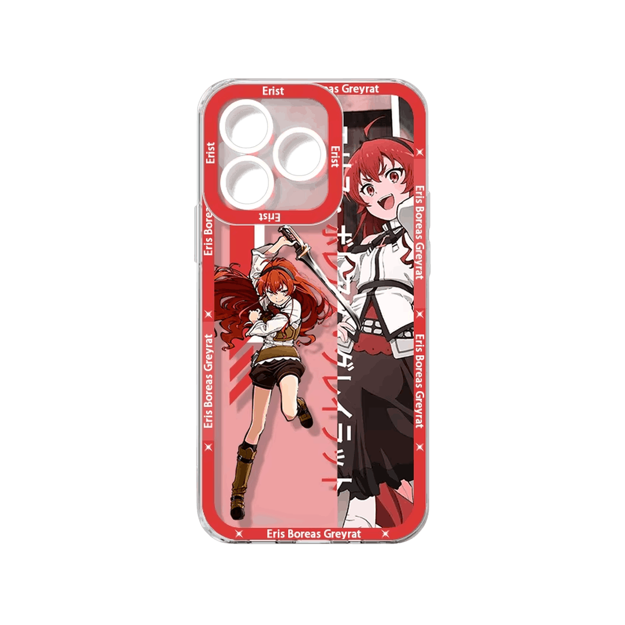 Coque iPhone Mushoku Tensei illustrant Eris Boreas Greyrat sur un panneau rouge