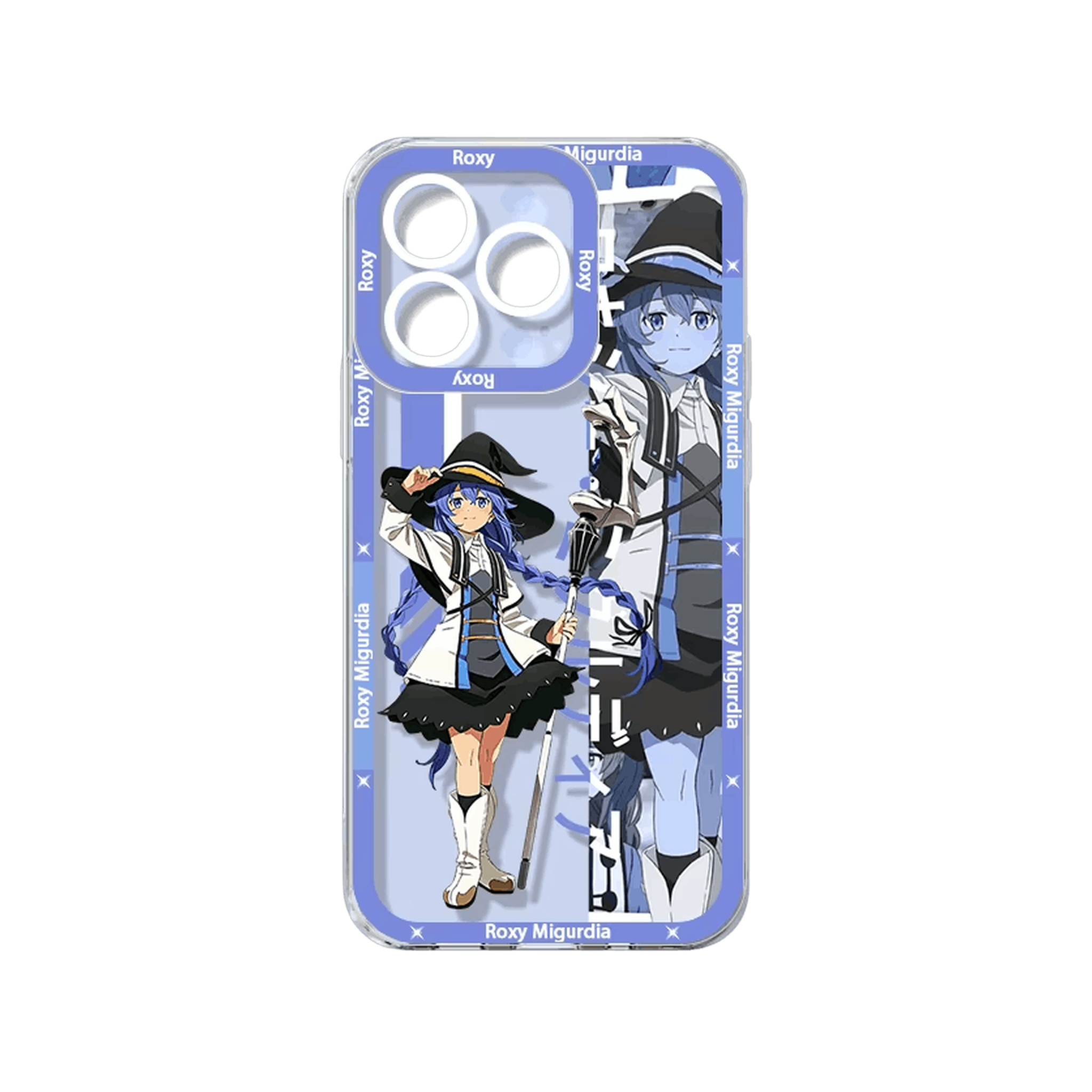 Coque iPhone Mushoku Tensei illustrant Roxy Migurdia sur un panneau bleu lavande