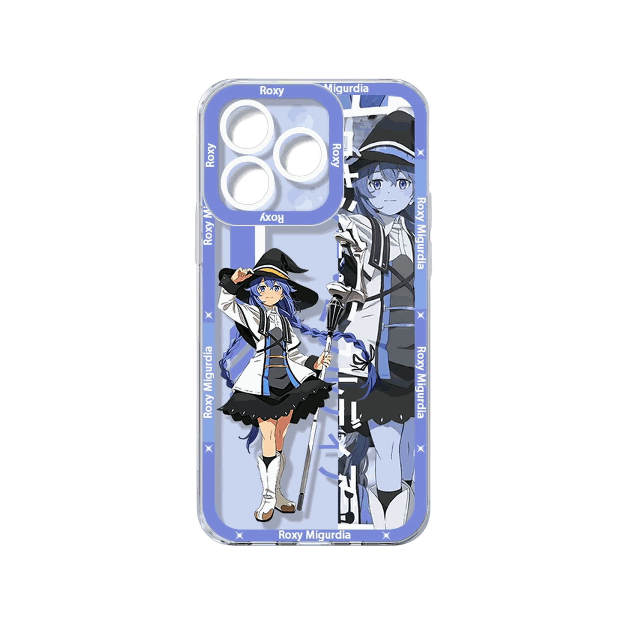 Coque iPhone Mushoku Tensei illustrant Roxy Migurdia sur un panneau bleu lavande