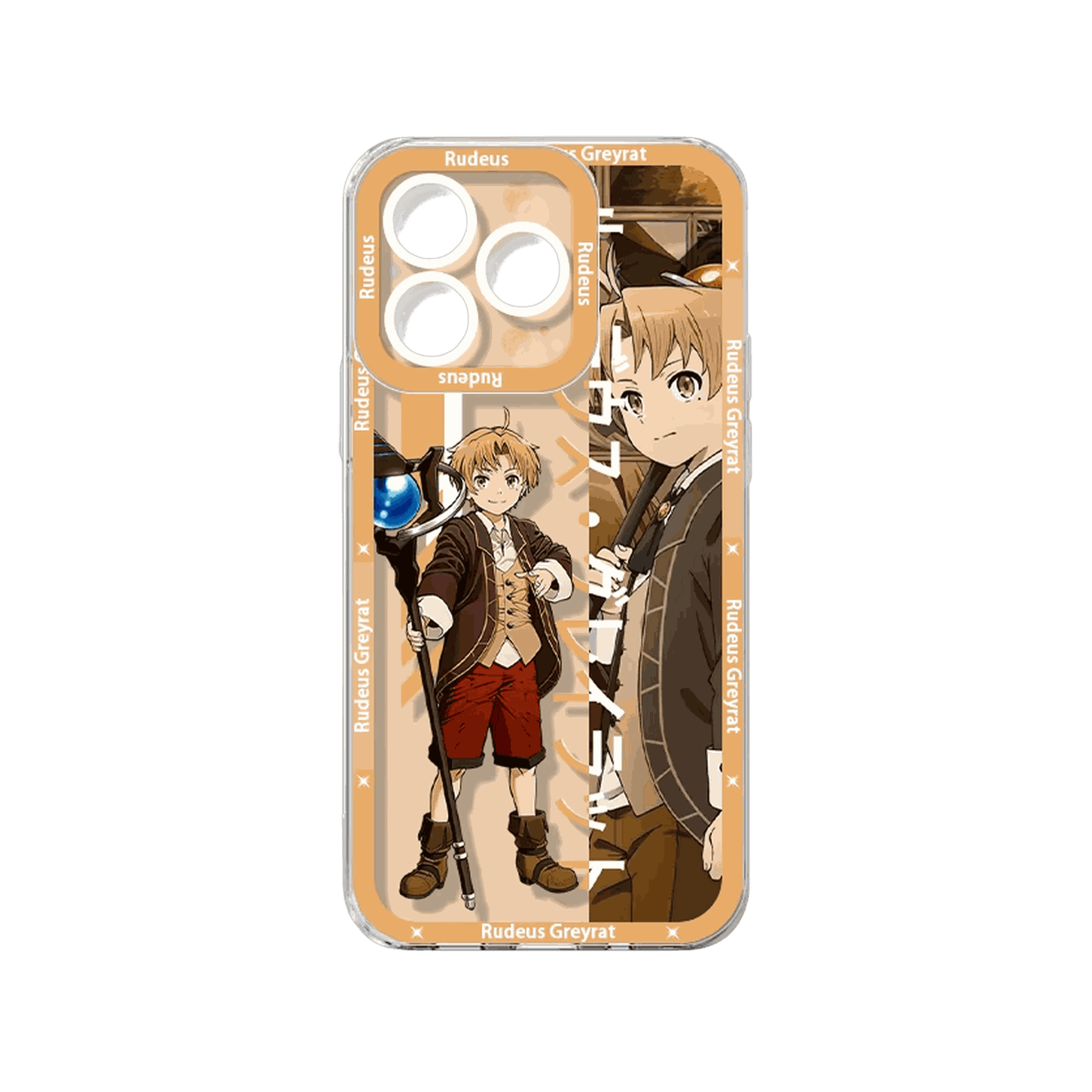 Coque iPhone Mushoku Tensei illustrant Rudeus Greyrat sur un panneau orange