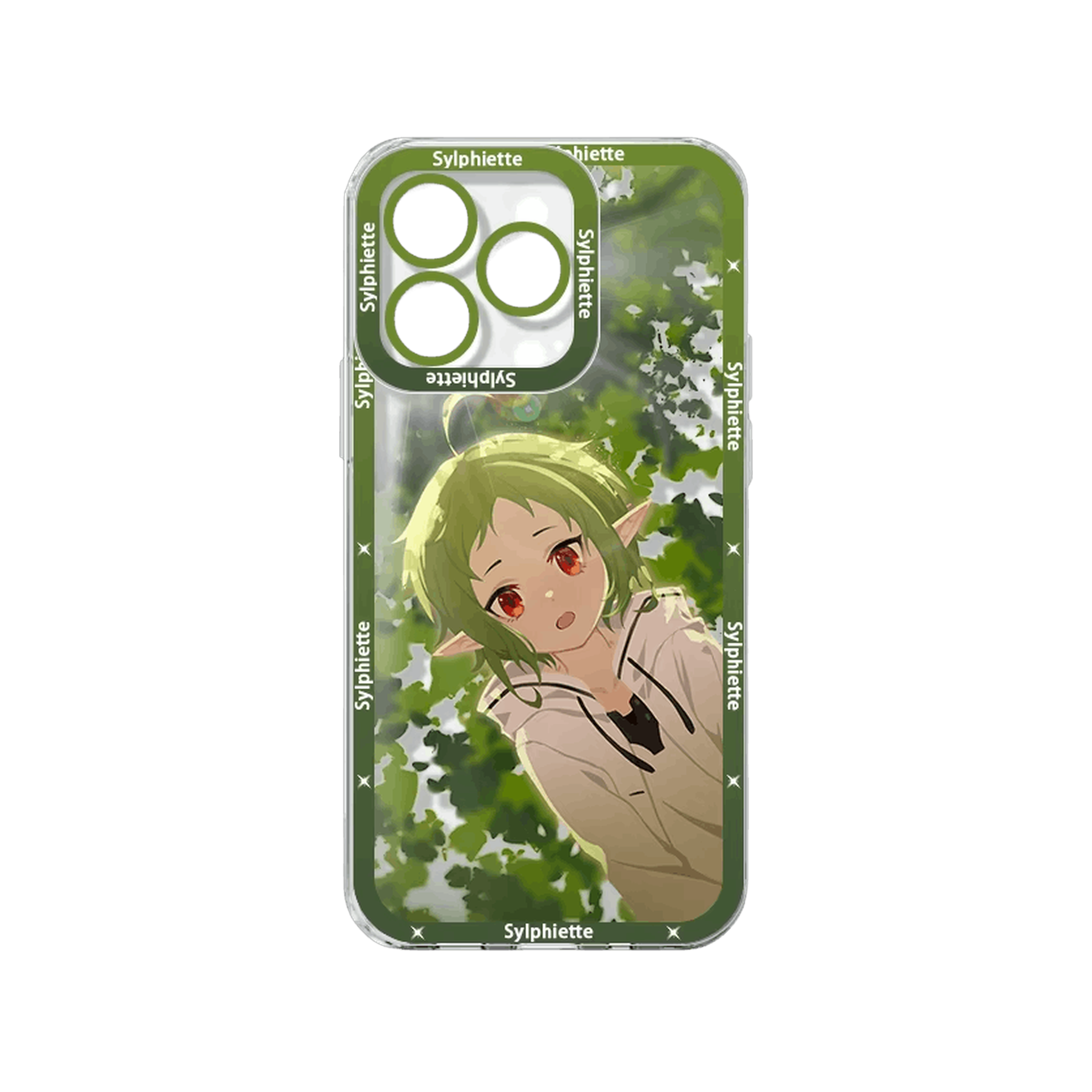Coque iPhone Mushoku Tensei illustrant Sylphiette sur un panneau vert profond