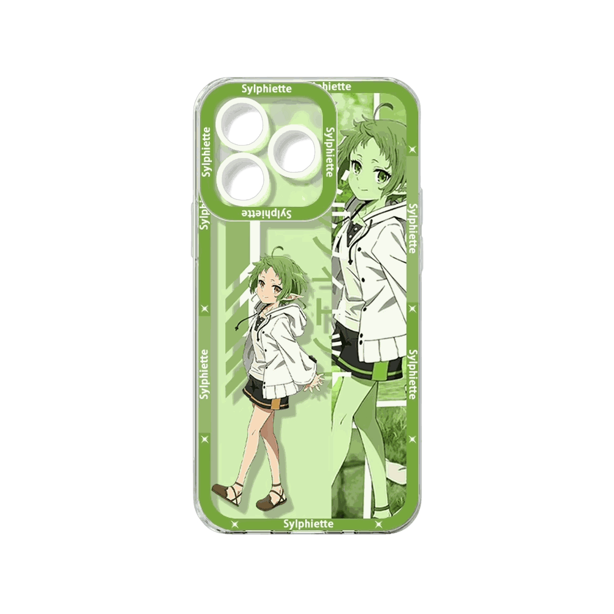 Coque iPhone Mushoku Tensei illustrant Sylphiette en uniforme sur un panneau vert clair