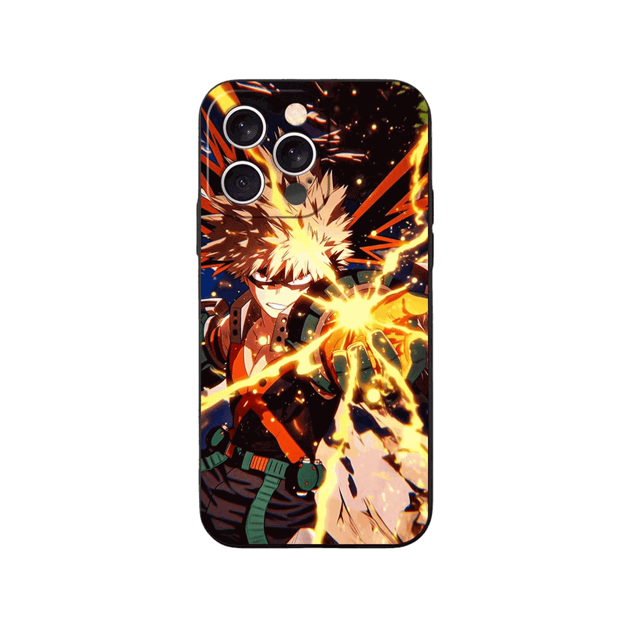 Coque iPhone My Hero Academia – Bakugo, Détonation, dominante orange et bleu nuit