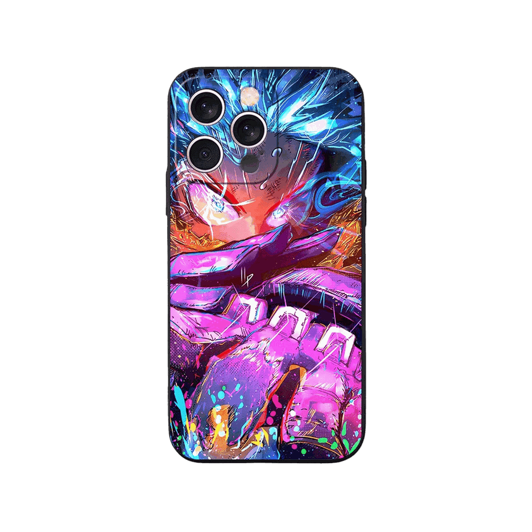 Coque iPhone My Hero Academia – Deku, Éclats de Peinture, dominante rose et bleu électrique