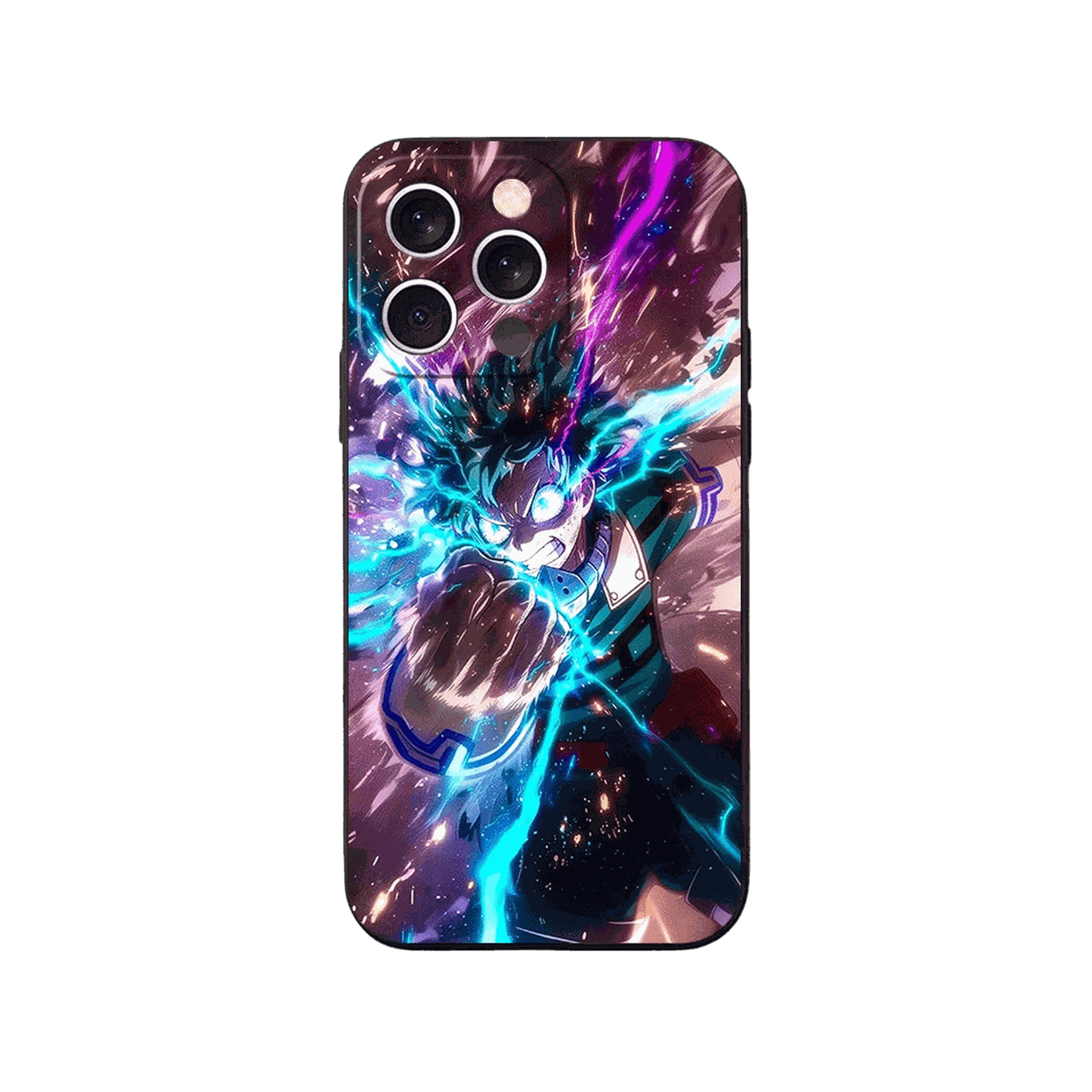 Coque iPhone My Hero Academia – Deku, Poing en Avant, dominante violet et turquoise