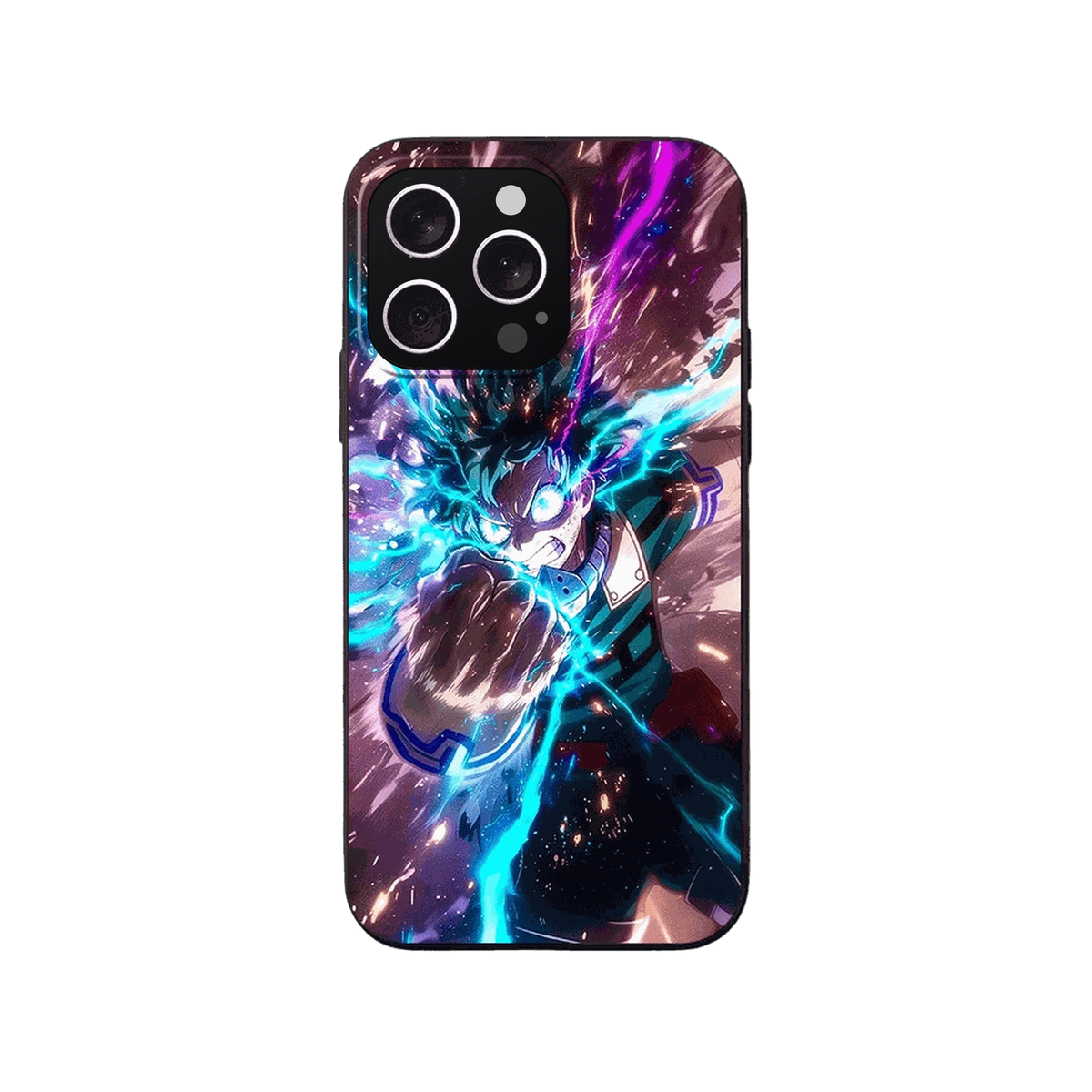 Coque iPhone My Hero Academia – Deku, Poing en Avant, dominante violet et turquoise
