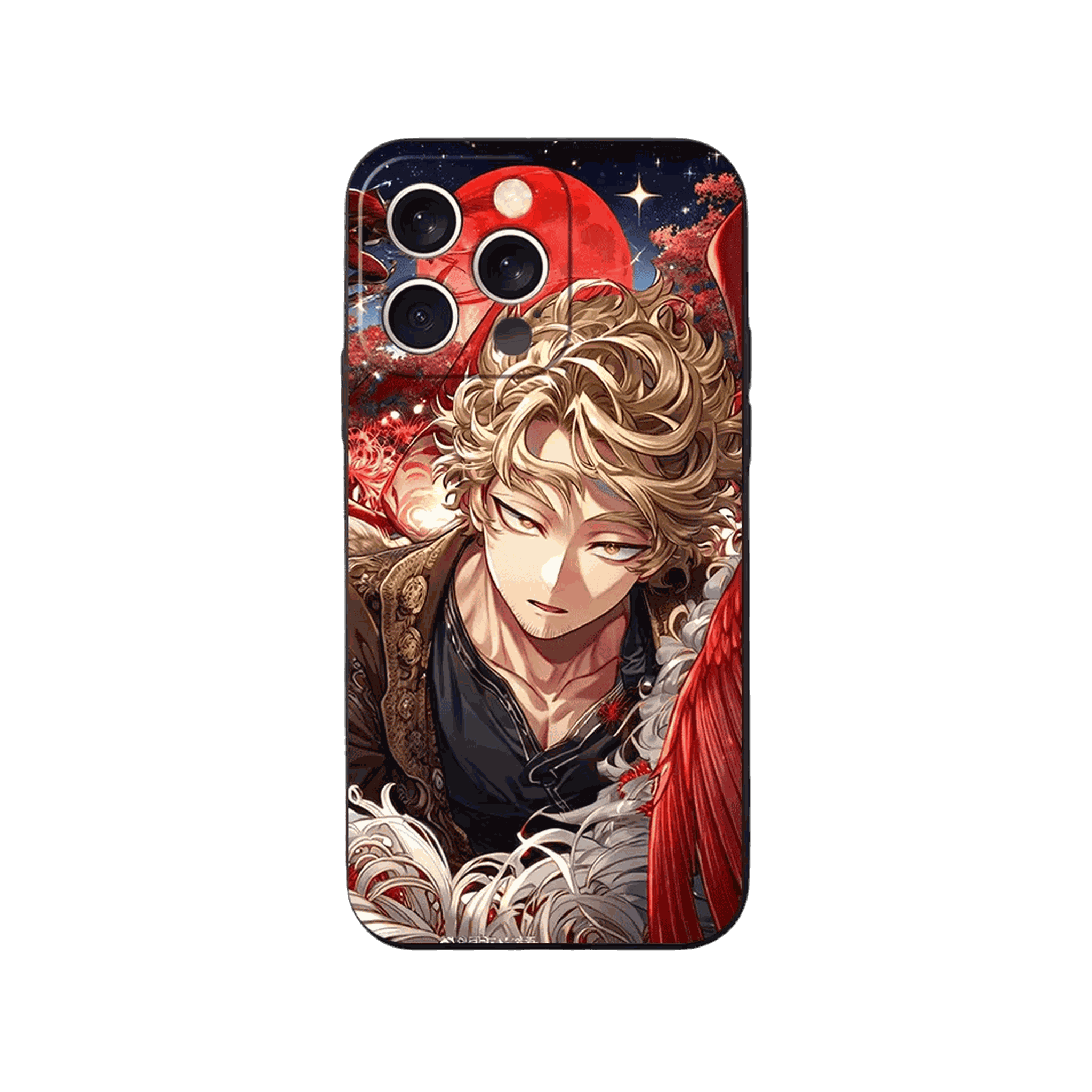 Coque iPhone My Hero Academia – Hawks sous la Lune Rouge, dominante rouge et bleu nuit