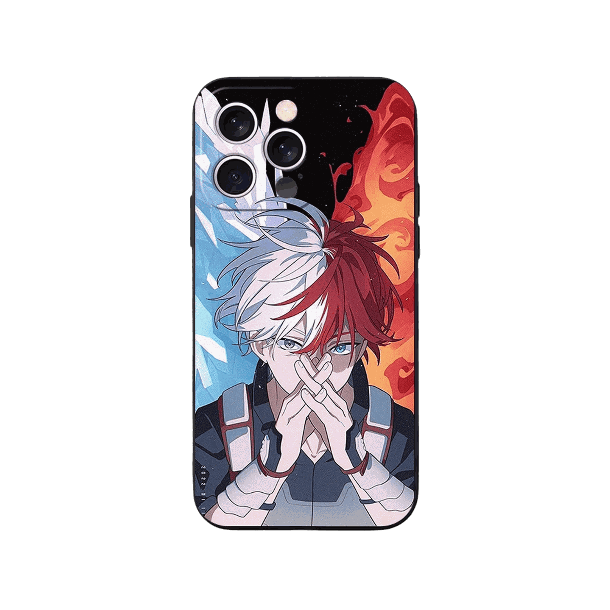 Coque iPhone My Hero Academia – Todoroki, Mains Jointes, dominante bleu et rouge