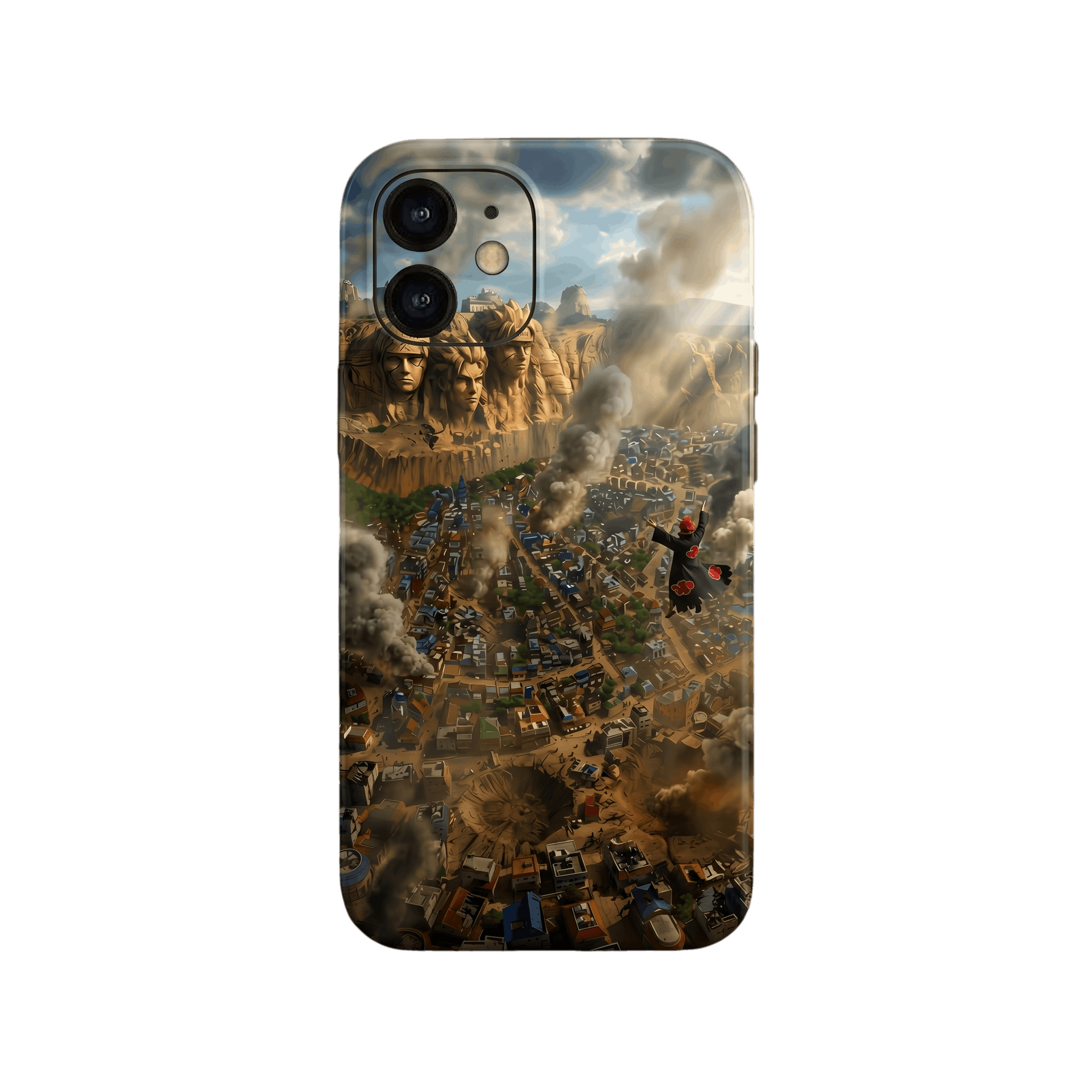Coque iPhone Naruto illustrant l'assaut de Pain sur Konoha vu depuis la falaise des Hokage