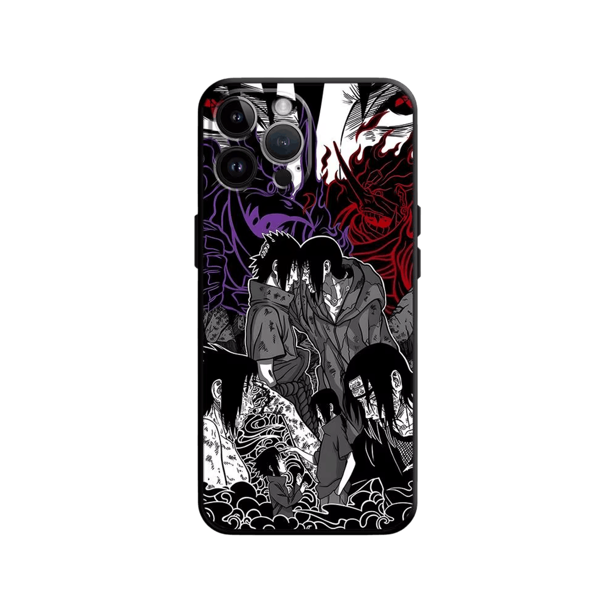 Coque iPhone Naruto illustrant fresque uchiha en dominante noir et blanc