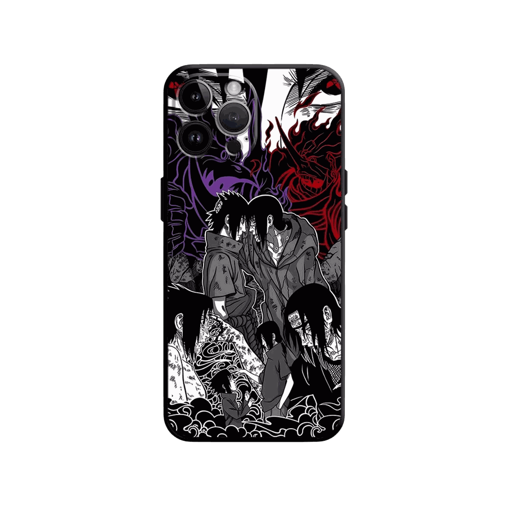Coque iPhone Naruto illustrant fresque uchiha en dominante noir et blanc