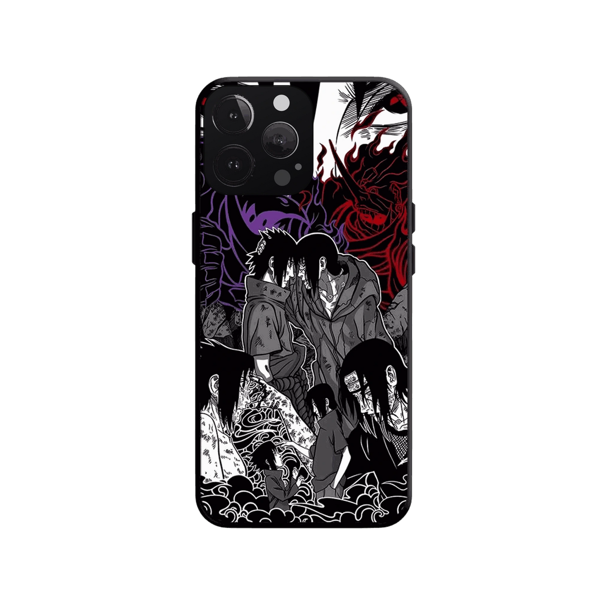 Coque iPhone Naruto illustrant fresque uchiha en dominante noir et blanc
