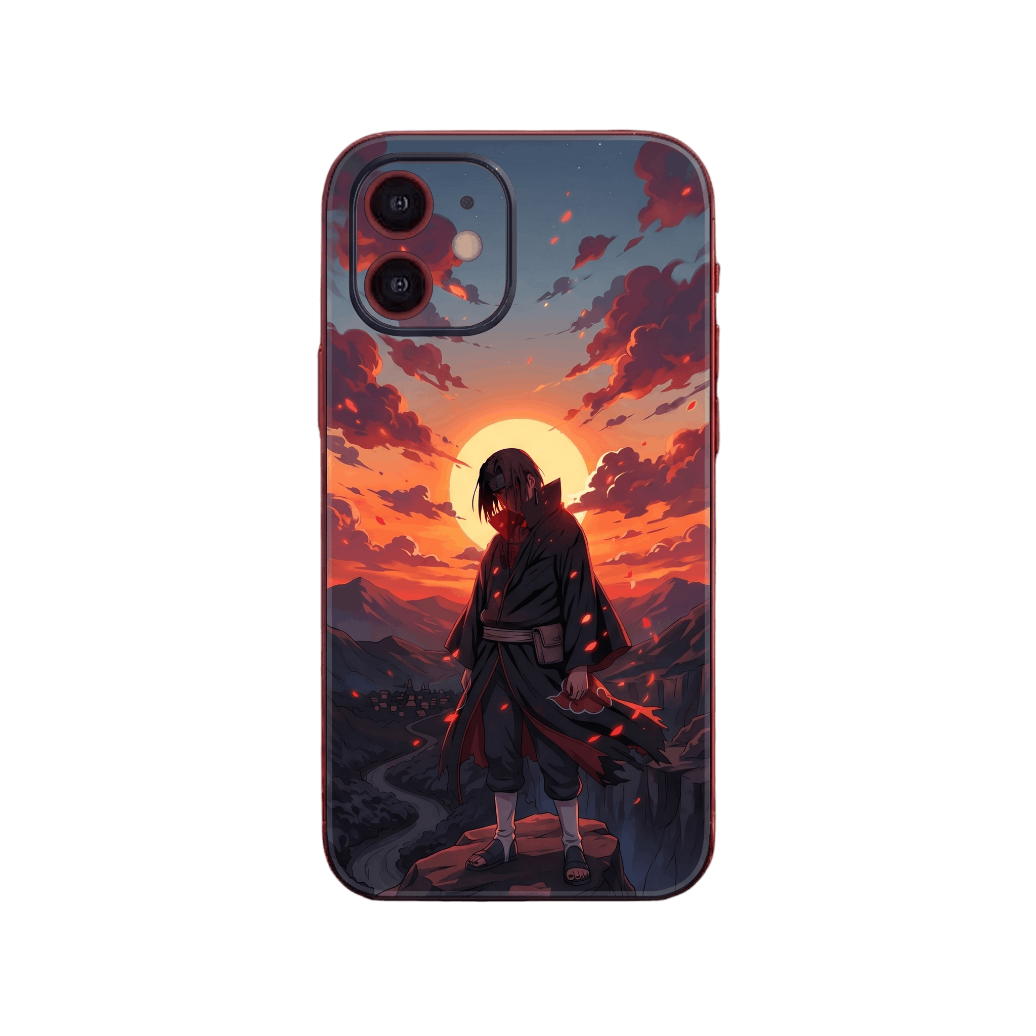 Coque iPhone Naruto illustrant Itachi Uchiha au crépuscule, bandeau frontal rayé et manteau Akatsuki à la main