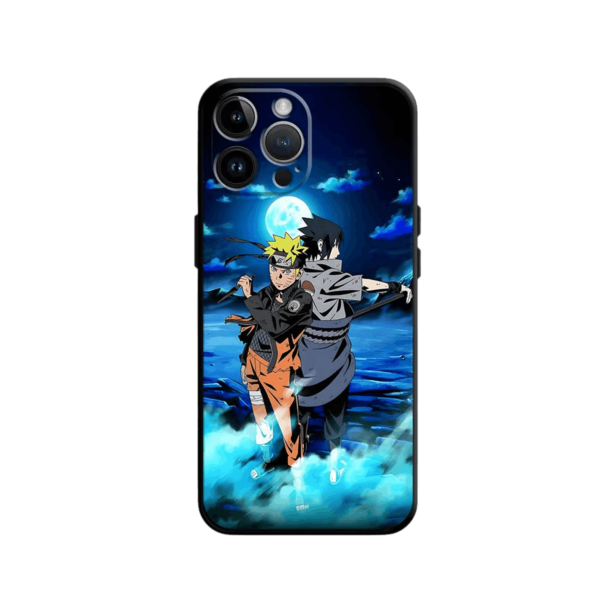 Coque iPhone Naruto illustrant naruto et sasuke en dominante bleu