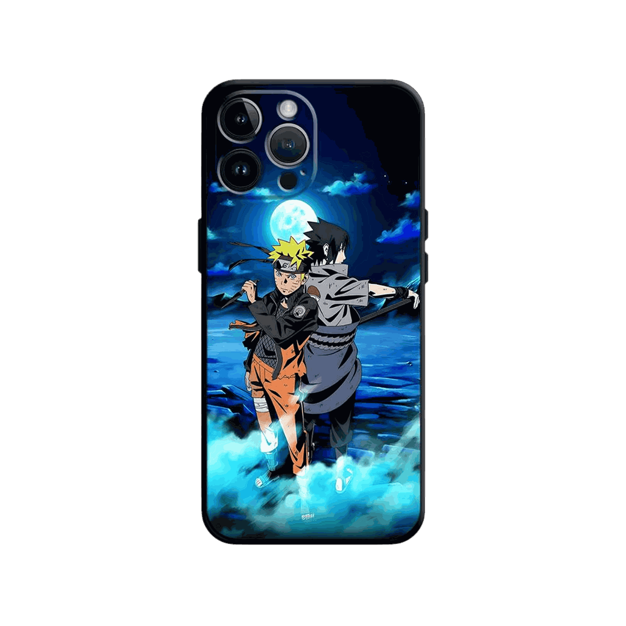 Coque iPhone Naruto illustrant naruto et sasuke en dominante bleu