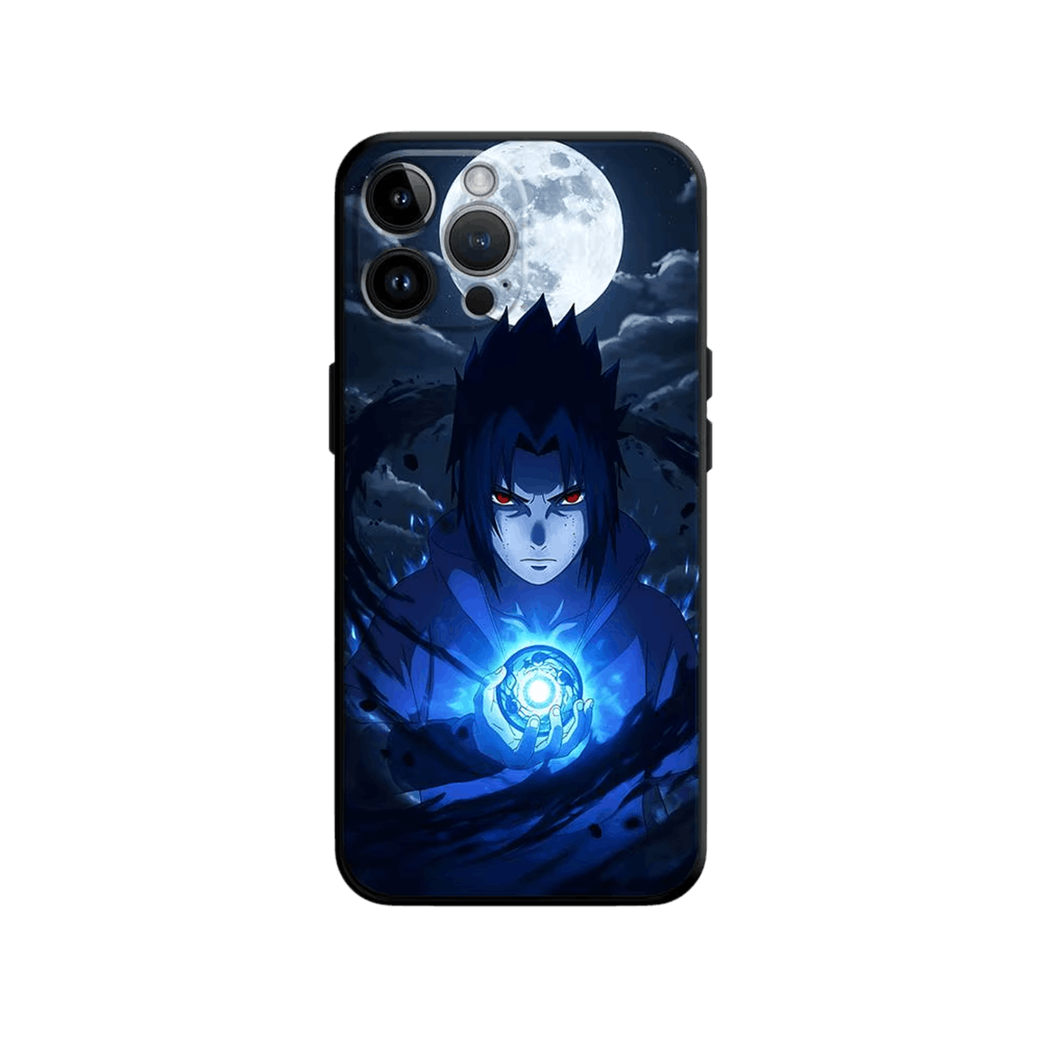 Coque iPhone Naruto illustrant sasuke sous la pleine lune en dominante bleu nuit