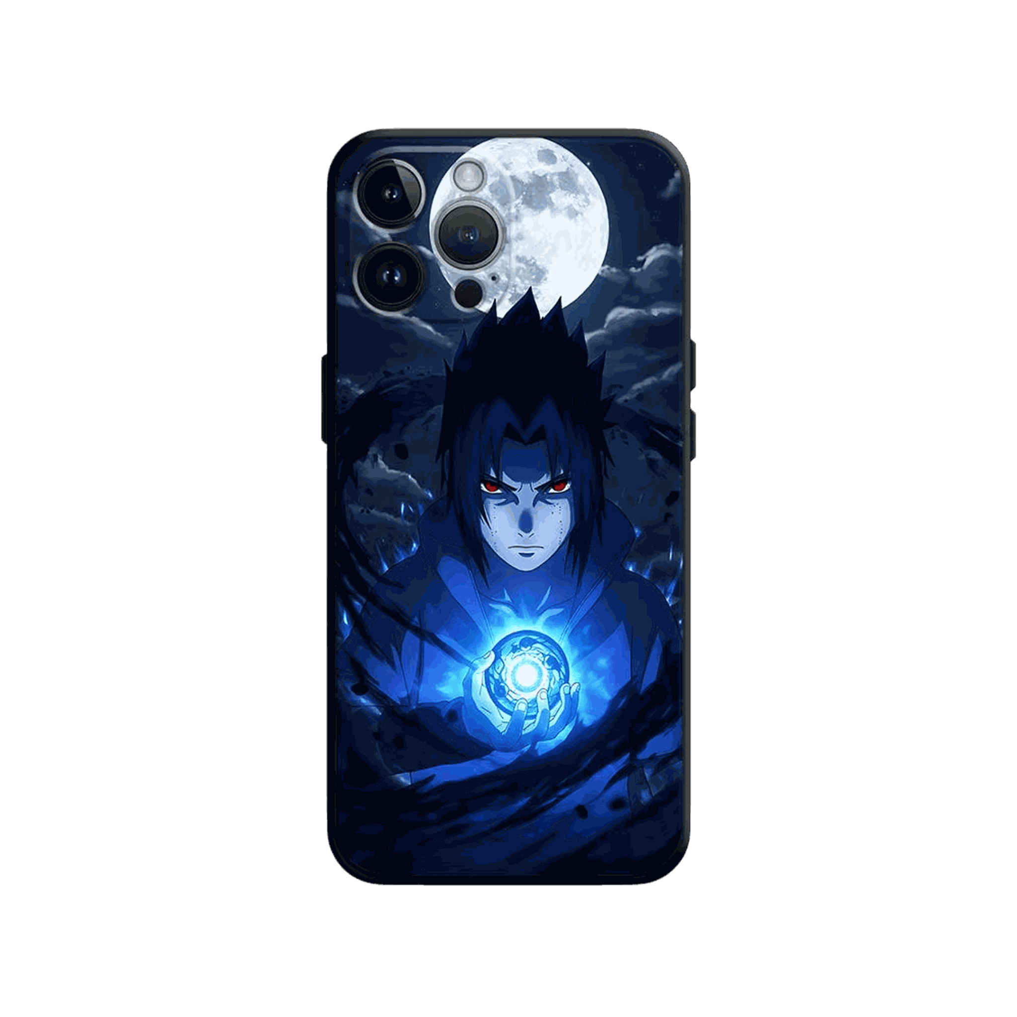 Coque iPhone Naruto illustrant sasuke sous la pleine lune en dominante bleu nuit