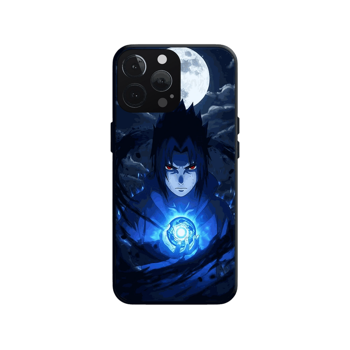 Coque iPhone Naruto illustrant sasuke sous la pleine lune en dominante bleu nuit