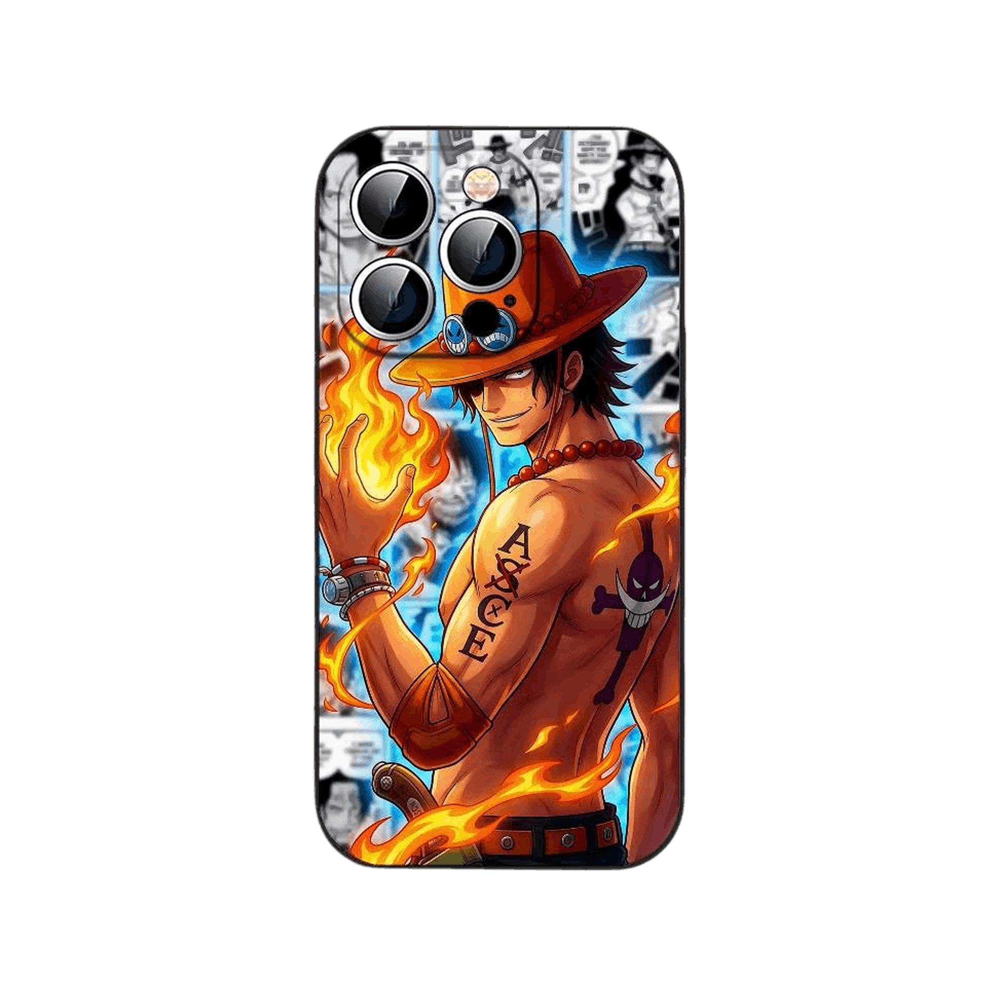 Coque iPhone One Piece illustrant Portgas D. Ace debout, bras replié montrant son tatouage, sur fond de planches de manga