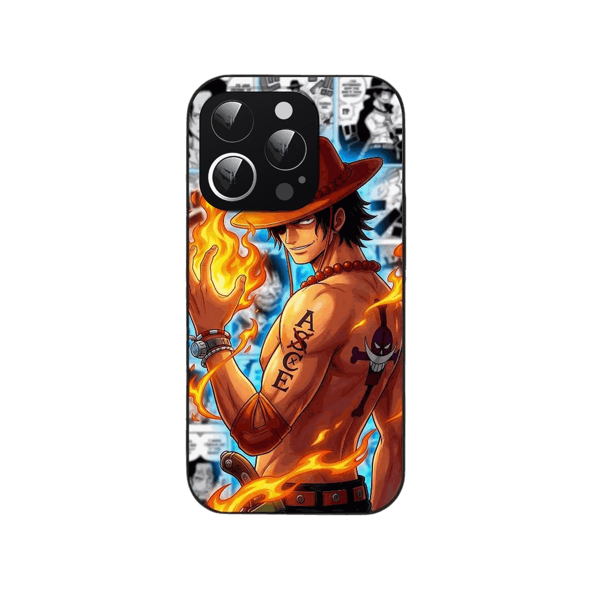 Coque iPhone One Piece illustrant Portgas D. Ace debout, bras replié montrant son tatouage, sur fond de planches de manga