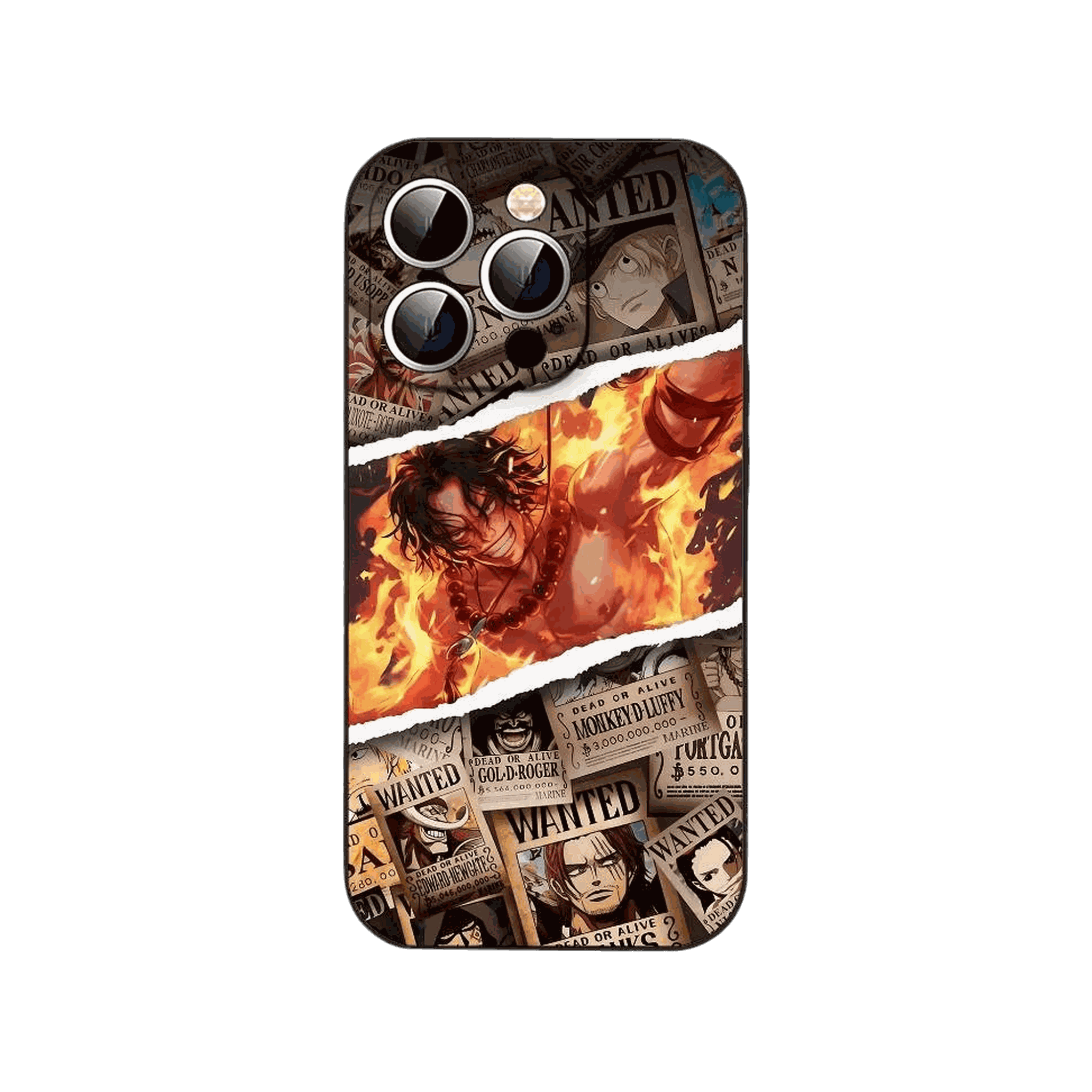 Coque iPhone One Piece illustrant un mur d avis de recherche déchiré laissant apparaître Portgas D. Ace dans les flammes