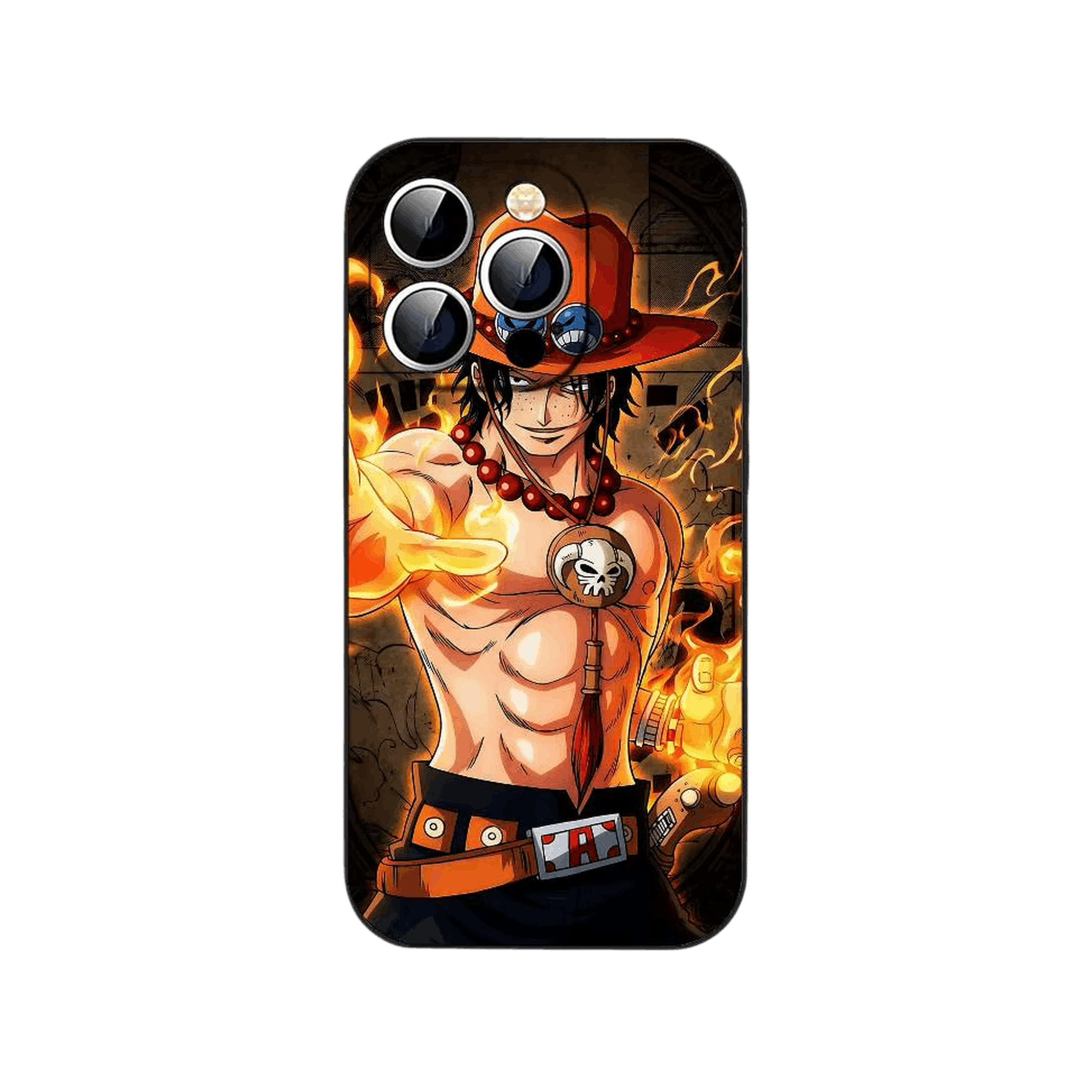 Coque iPhone One Piece illustrant un portrait rapproché de Portgas D. Ace avec son chapeau et une flamme dans la main