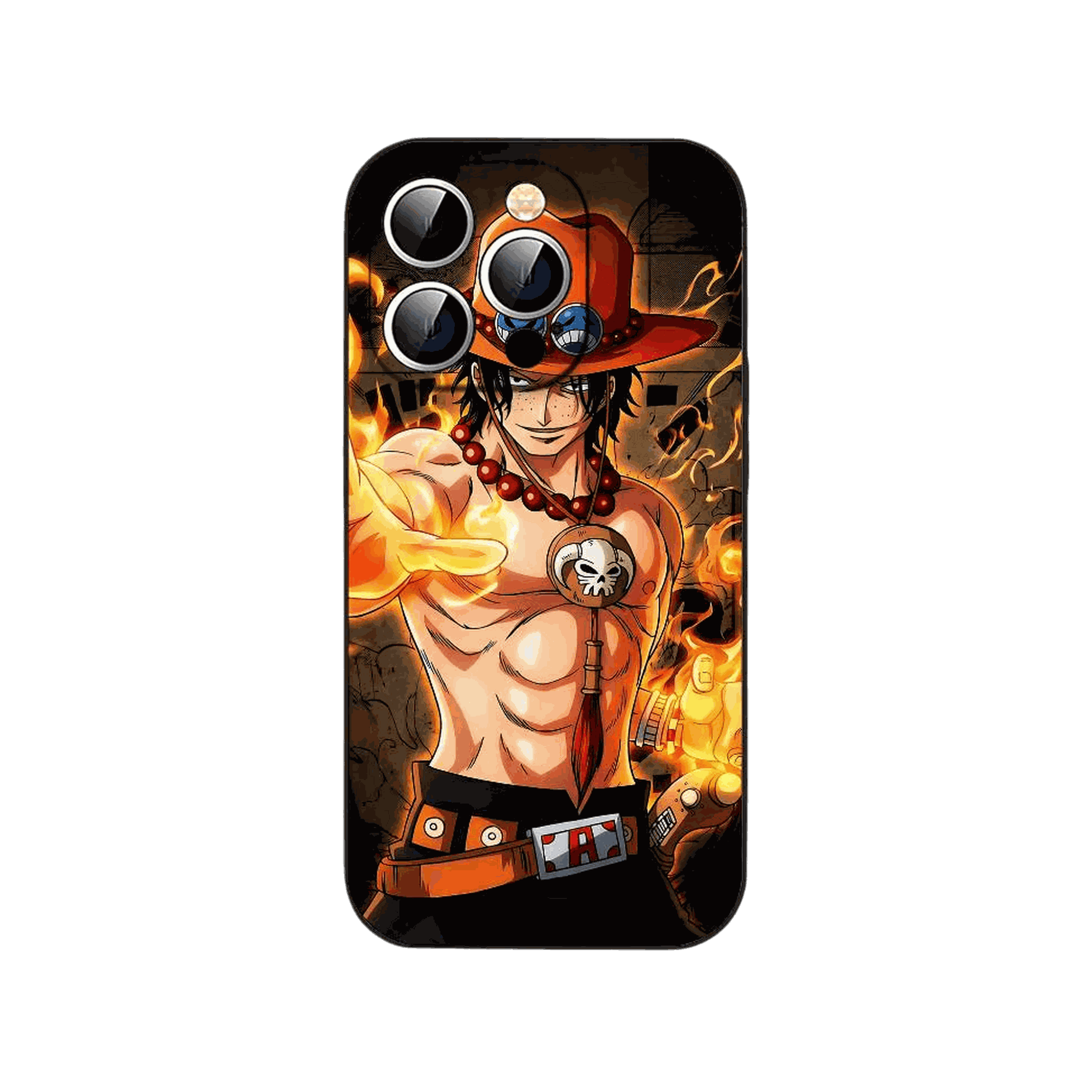 Coque iPhone One Piece illustrant un portrait rapproché de Portgas D. Ace avec son chapeau et une flamme dans la main