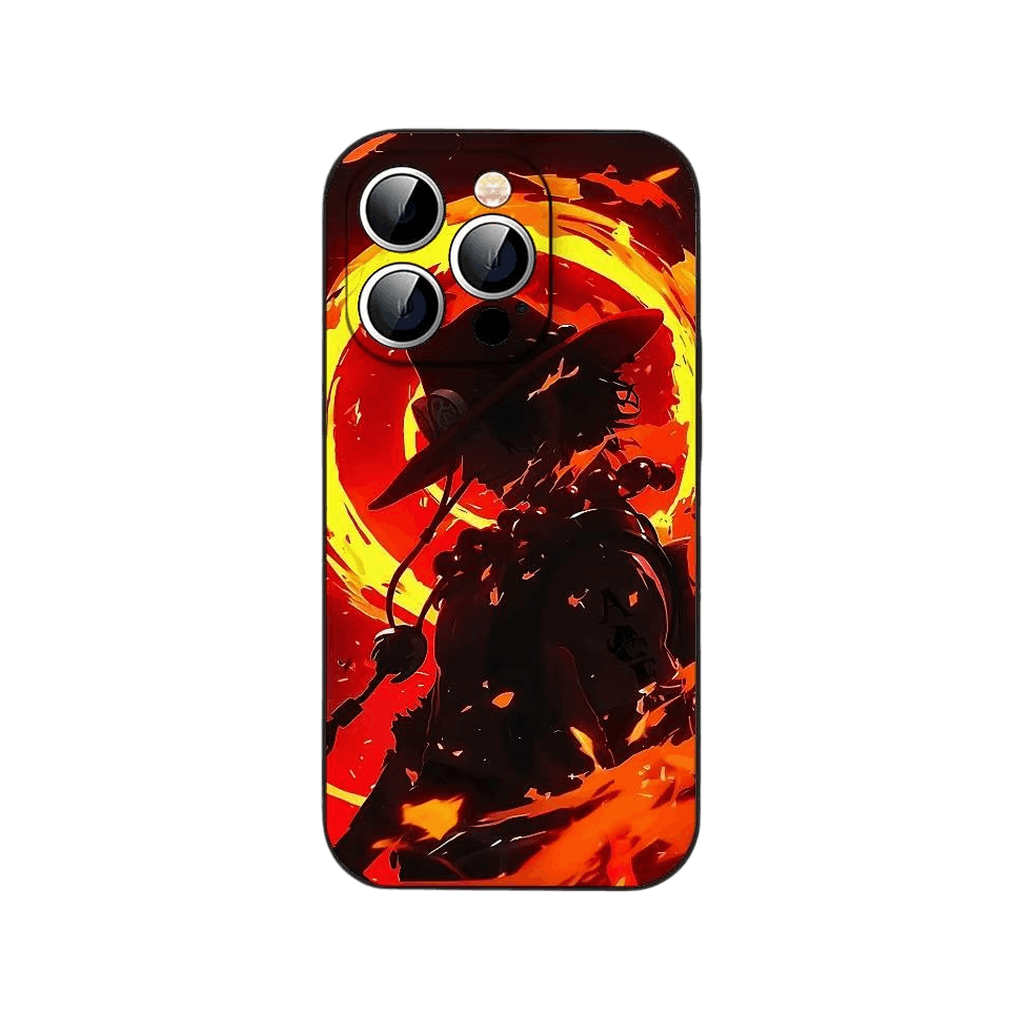 Coque iPhone One Piece illustrant la silhouette noire de Portgas D. Ace en contre-jour devant un disque de flammes