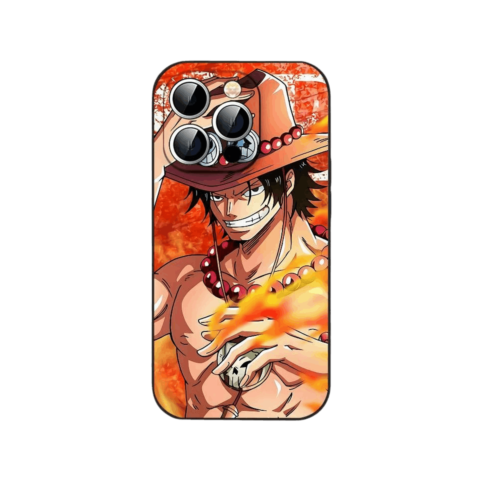Coque iPhone One Piece illustrant un portrait souriant de Portgas D. Ace avec son chapeau sur un fond rouge et orange