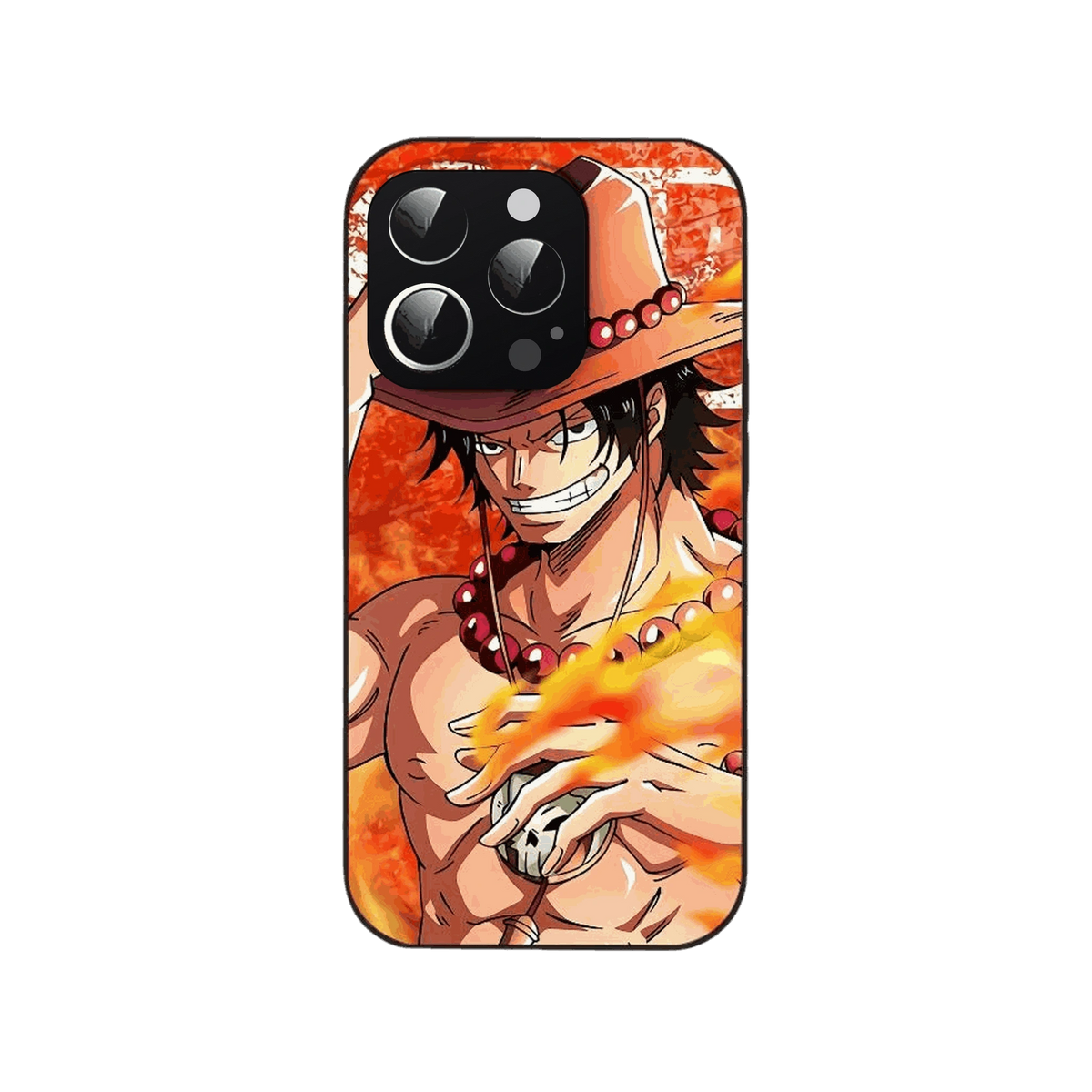 Coque iPhone One Piece illustrant un portrait souriant de Portgas D. Ace avec son chapeau sur un fond rouge et orange