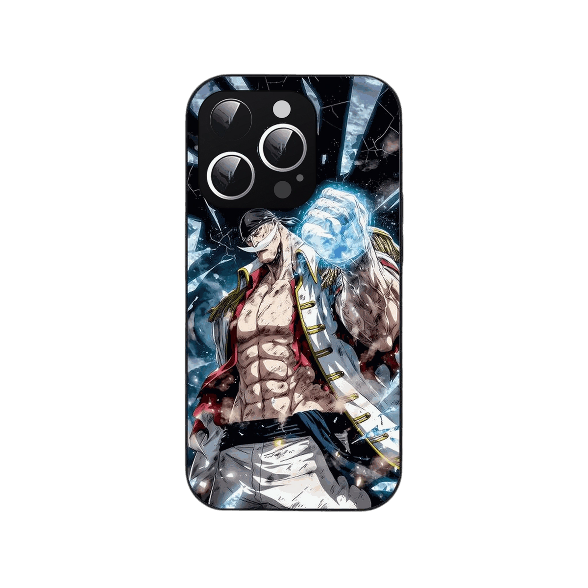 Coque iPhone One Piece illustrant debout, bisento en main, aura bleue
