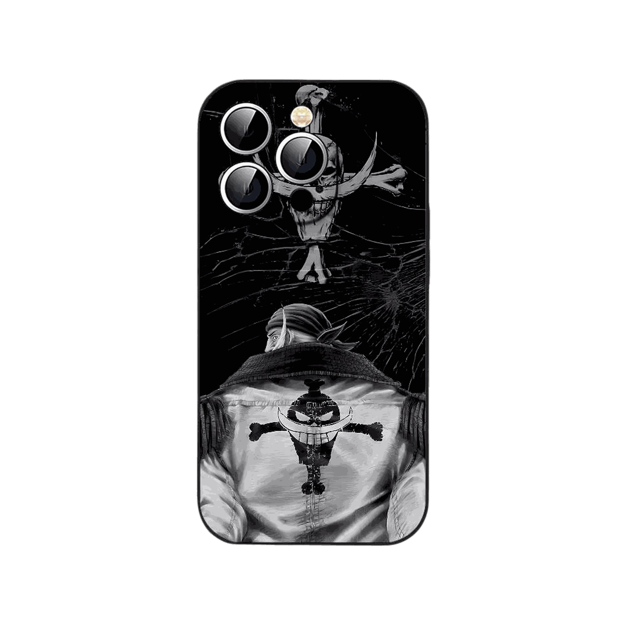 Coque iPhone One Piece illustrant Barbe Blanche de dos en noir et blanc avec l emblème de son équipage