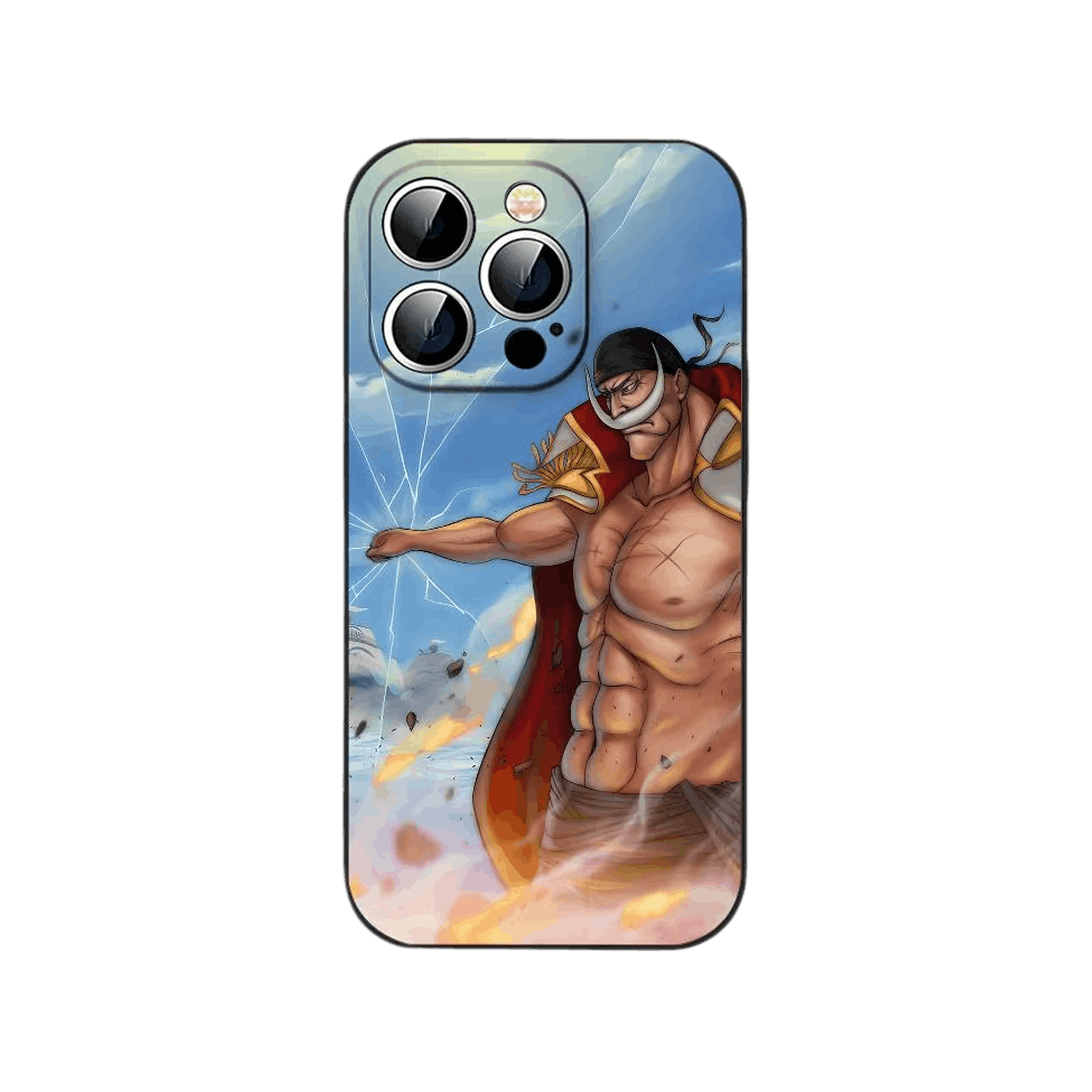 Coque iPhone One Piece illustrant Barbe Blanche debout cape ouverte sur un ciel fissuré au-dessus de flammes
