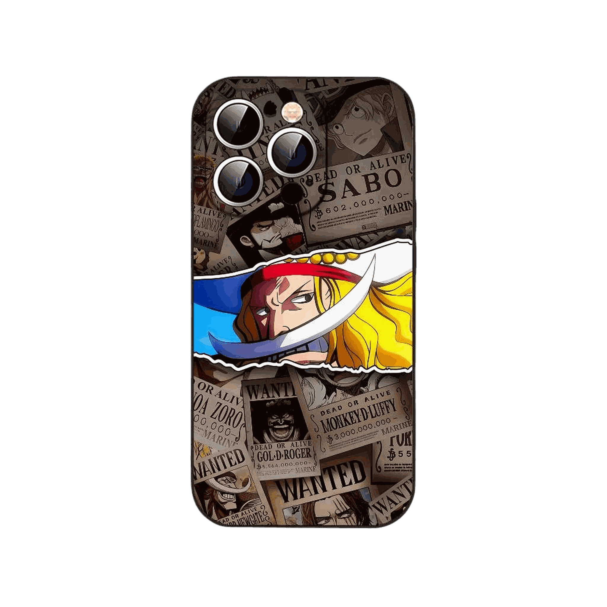 Coque iPhone One Piece illustrant mur d'avis de recherche dechire revelant le personnage jeune