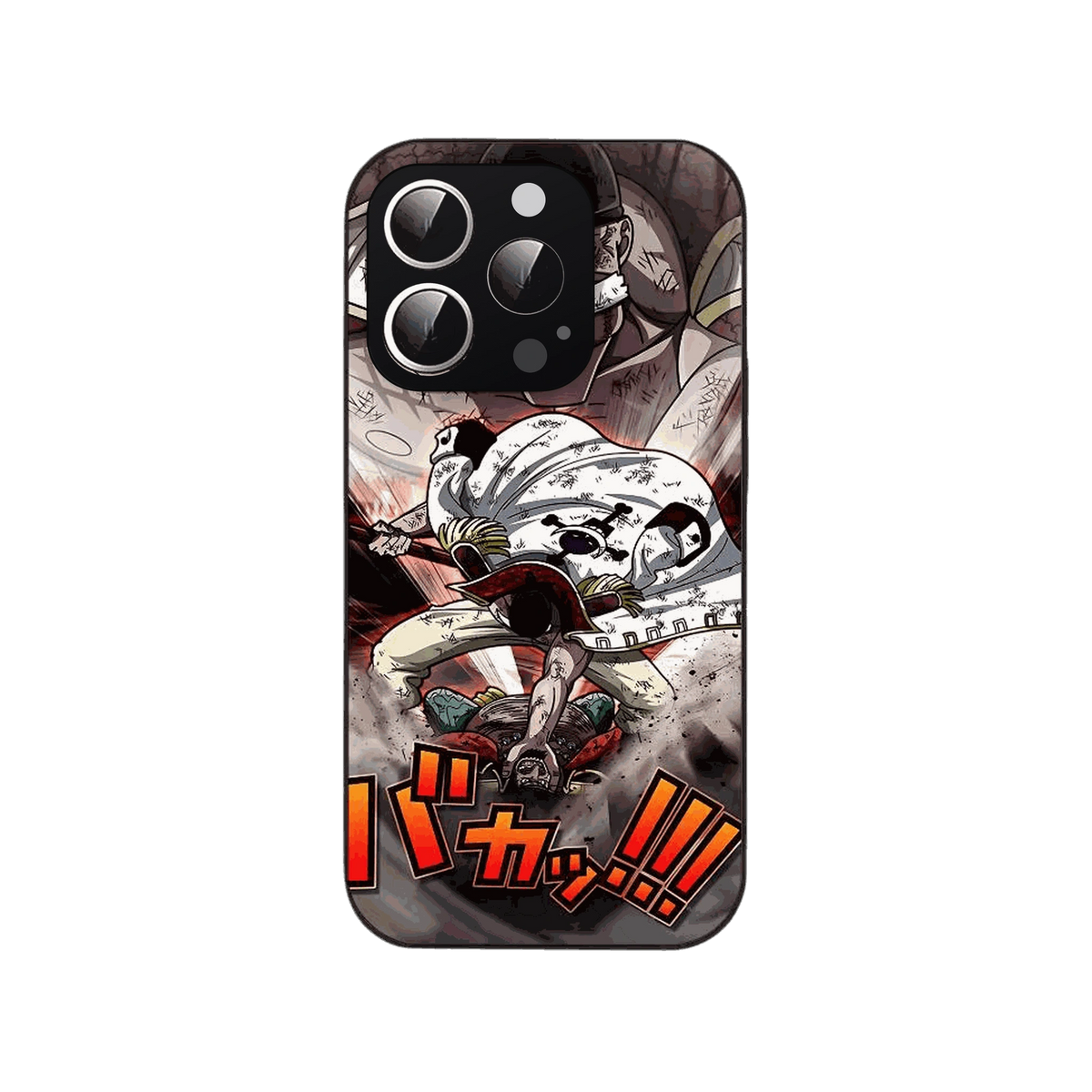 Coque iPhone One Piece illustrant une scène d action de Barbe Blanche en noir et blanc avec une onomatopée rouge