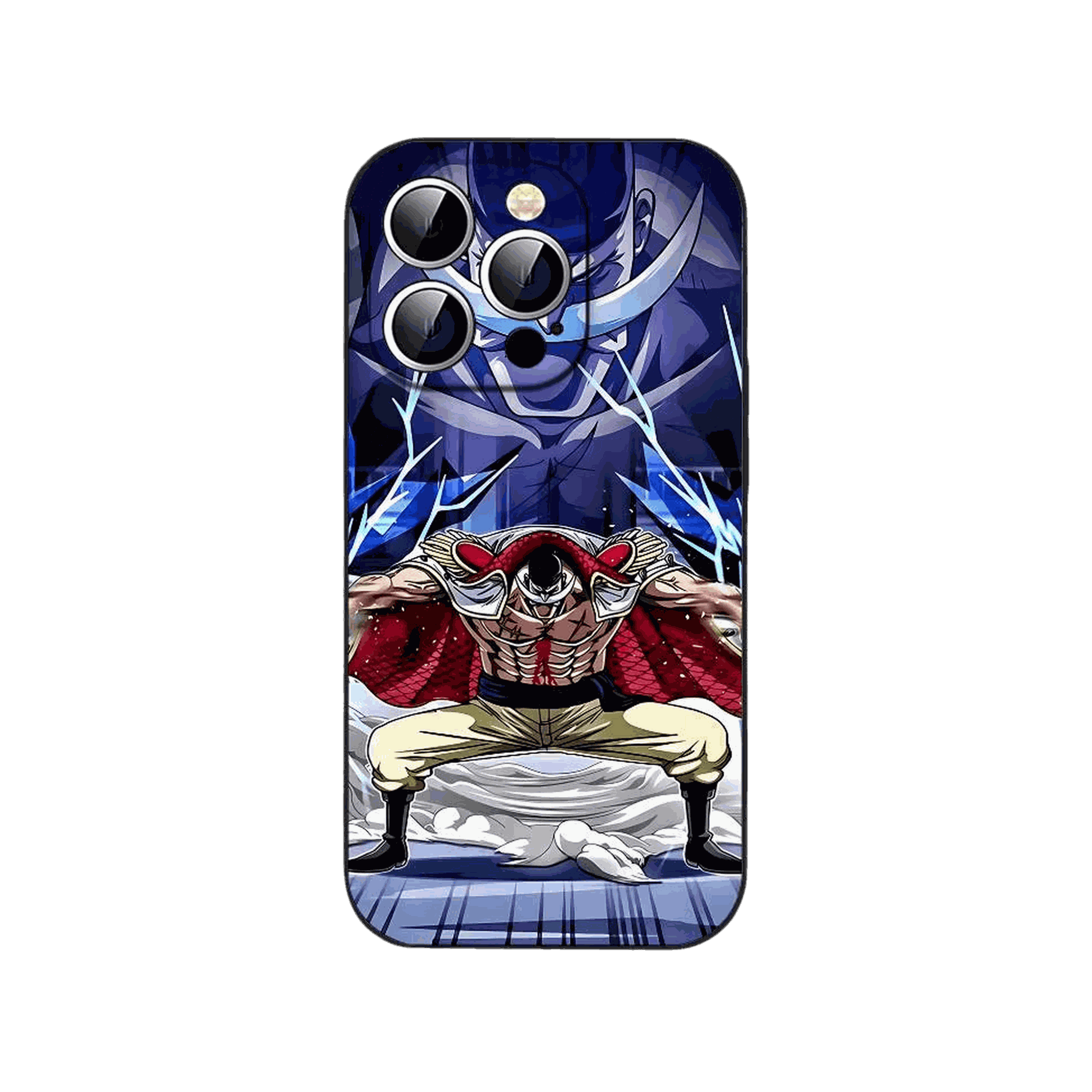 Coque iPhone One Piece illustrant assis sur son siege, torse nu, eclairs bleus autour
