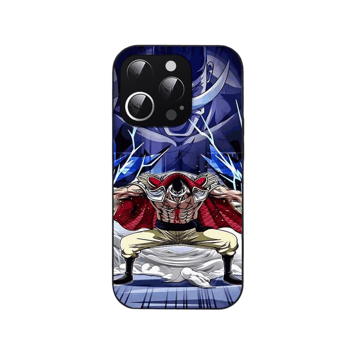 Coque iPhone One Piece illustrant assis sur son siege, torse nu, eclairs bleus autour