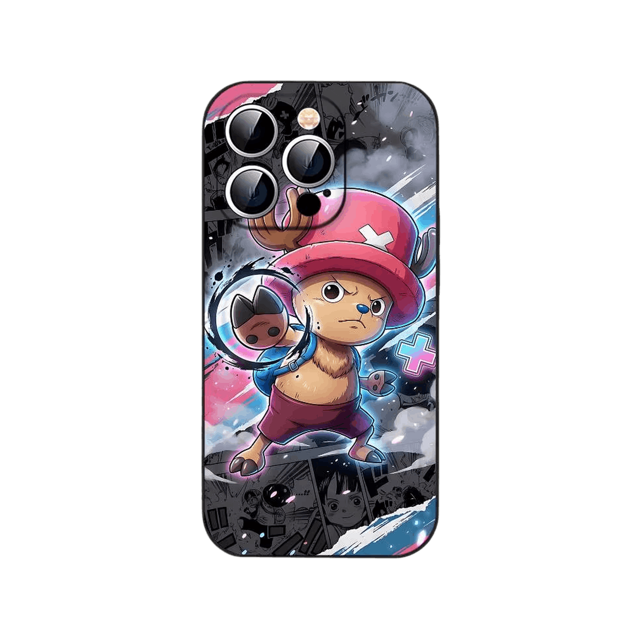 Coque iPhone One Piece illustrant Tony Tony Chopper à l expression sérieuse devant un cercle d encre au pinceau