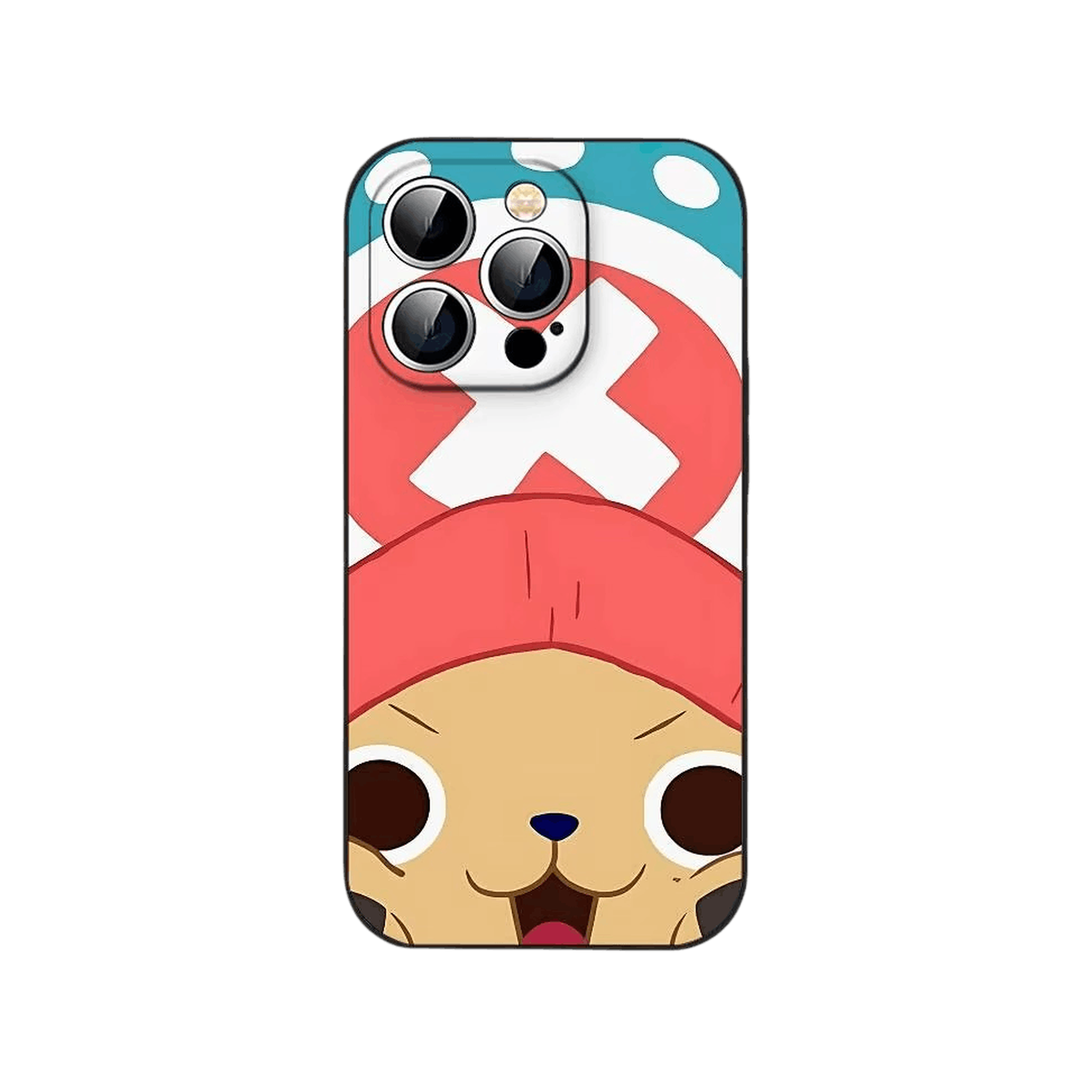 Coque iPhone One Piece illustrant le visage de Tony Tony Chopper en très gros plan sur fond turquoise uni