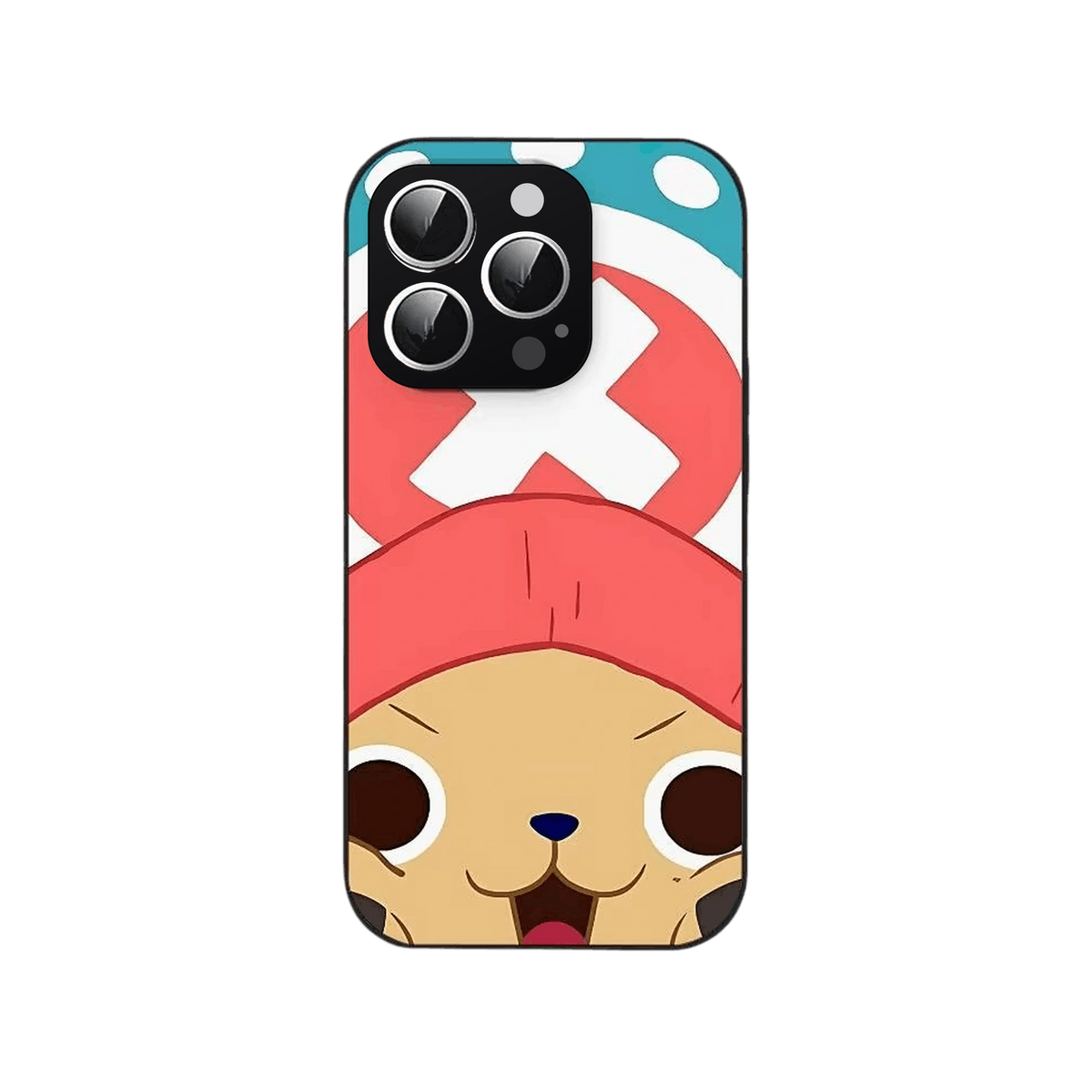 Coque iPhone One Piece illustrant le visage de Tony Tony Chopper en très gros plan sur fond turquoise uni