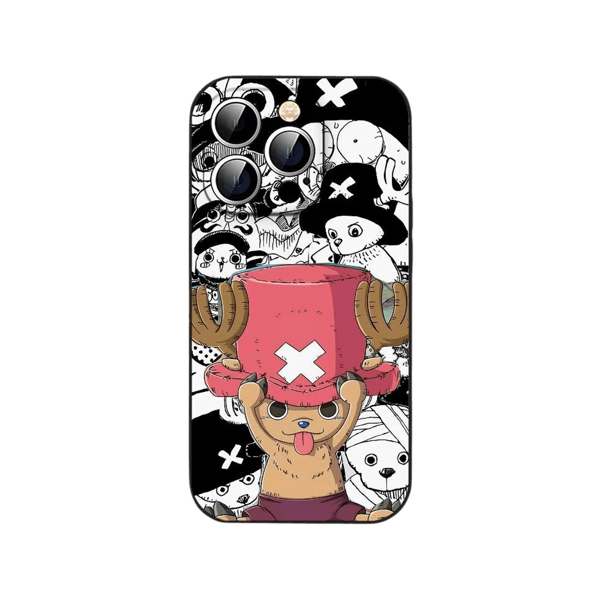 Coque iPhone One Piece illustrant Tony Tony Chopper en couleur sur un fond de motifs en noir et blanc
