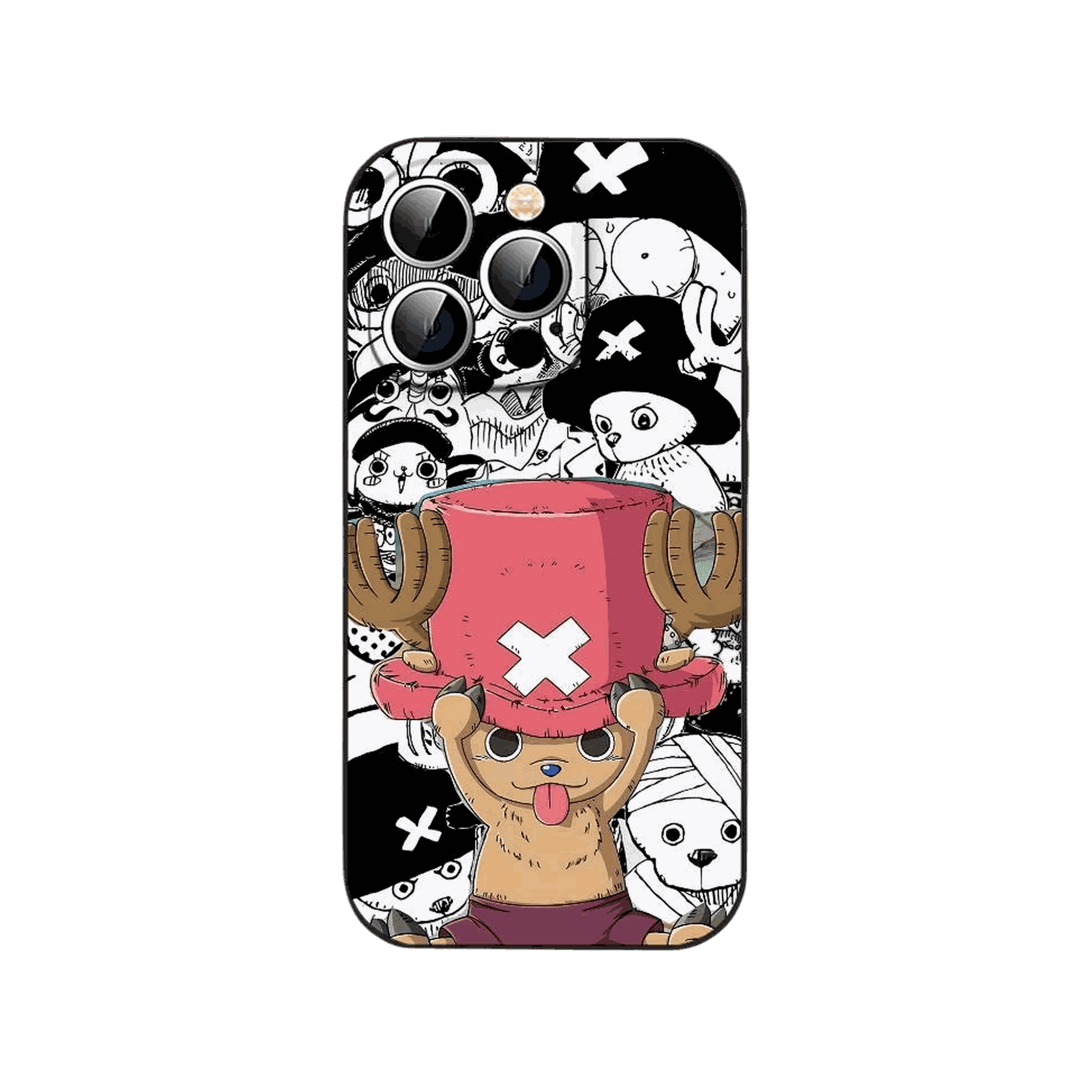 Coque iPhone One Piece illustrant Tony Tony Chopper en couleur sur un fond de motifs en noir et blanc