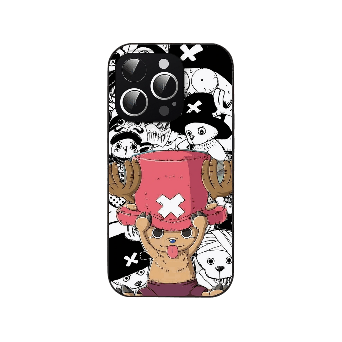 Coque iPhone One Piece illustrant Tony Tony Chopper en couleur sur un fond de motifs en noir et blanc