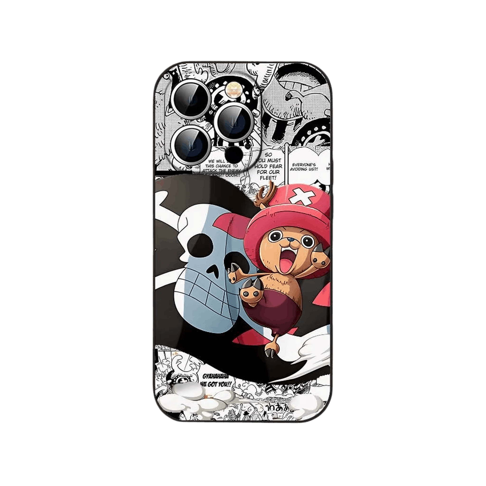Coque iPhone One Piece illustrant Tony Tony Chopper devant un pavillon pirate sur fond de cases de manga
