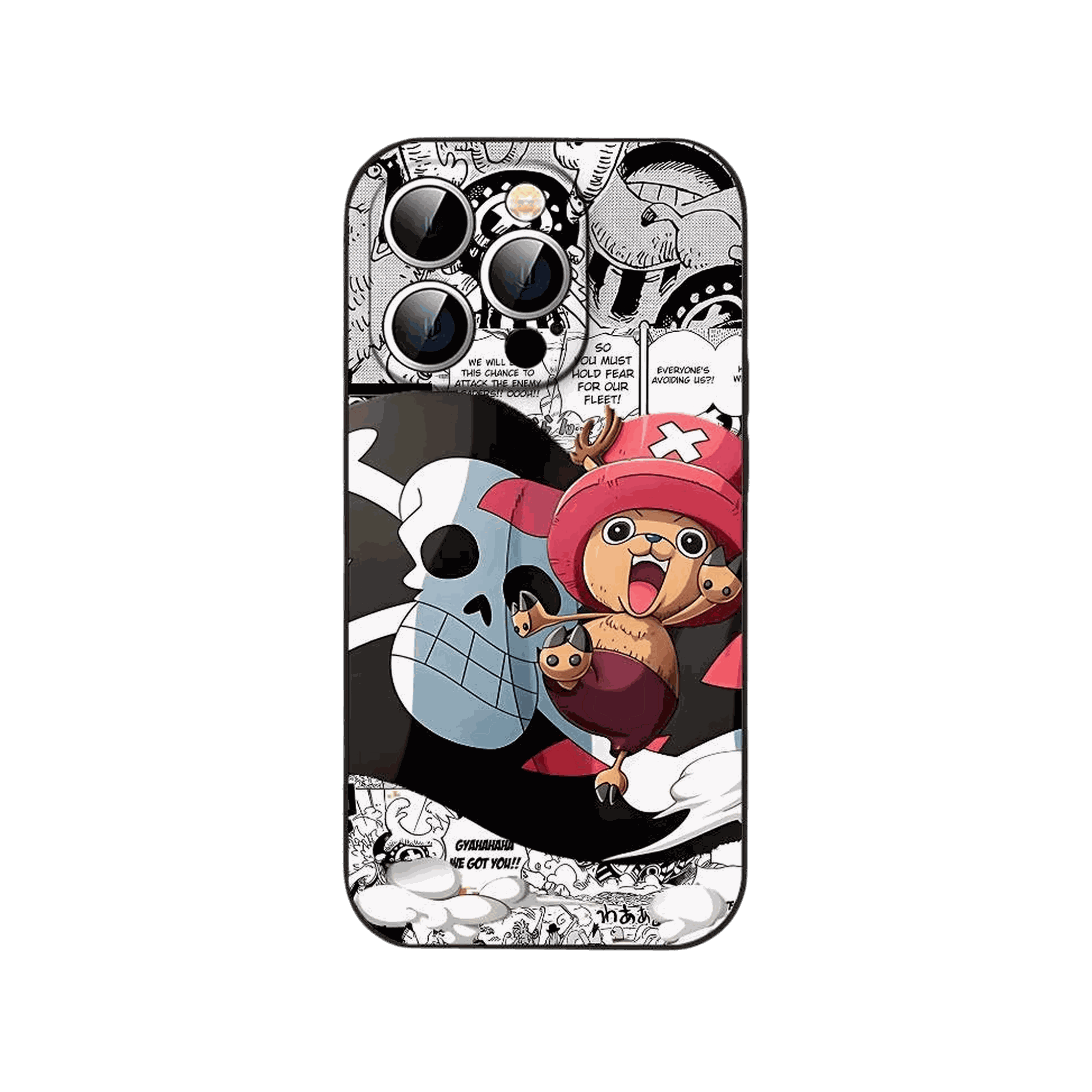 Coque iPhone One Piece illustrant Tony Tony Chopper devant un pavillon pirate sur fond de cases de manga