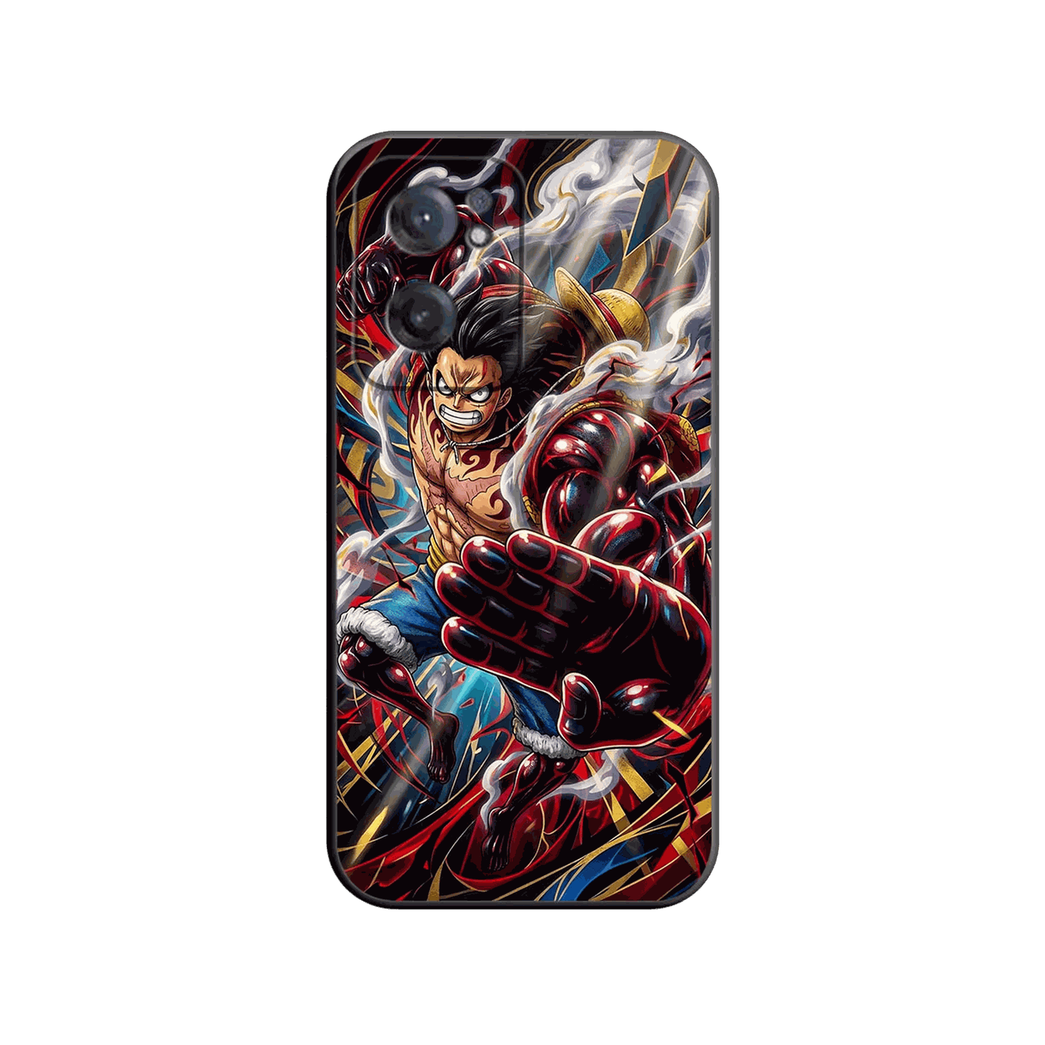 Coque iPhone One Piece – Luffy Gear 4, Vapeur Écarlate, dominante rouge et or