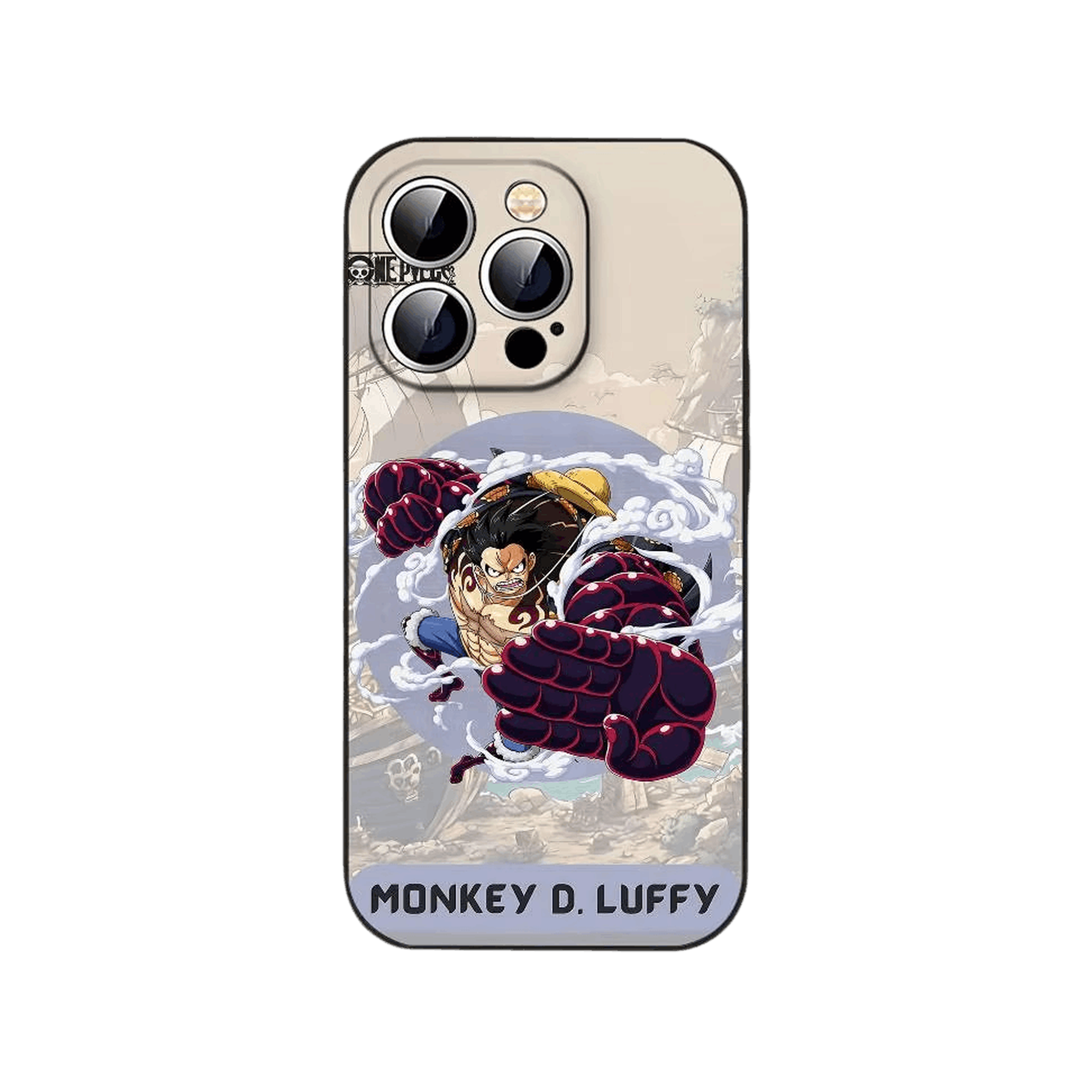 Coque iPhone One Piece illustrant Luffy sous forme musclée avec bras à spirales et vapeur sur fond crème