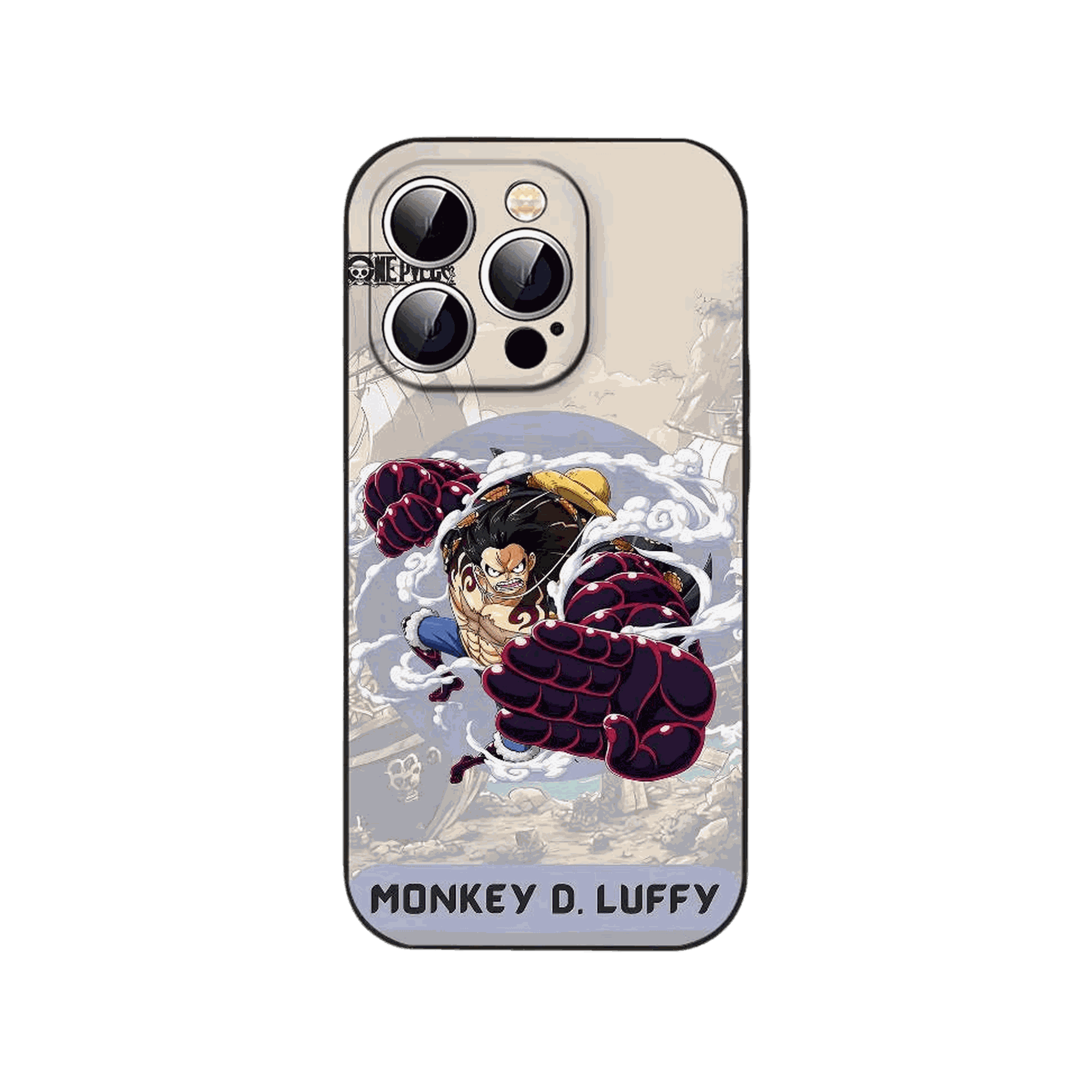 Coque iPhone One Piece illustrant Luffy sous forme musclée avec bras à spirales et vapeur sur fond crème