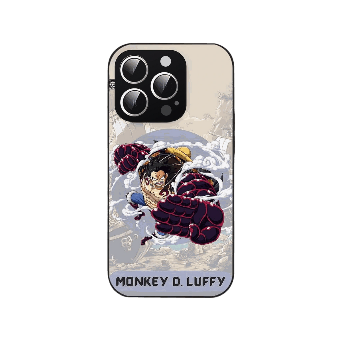 Coque iPhone One Piece illustrant Luffy sous forme musclée avec bras à spirales et vapeur sur fond crème