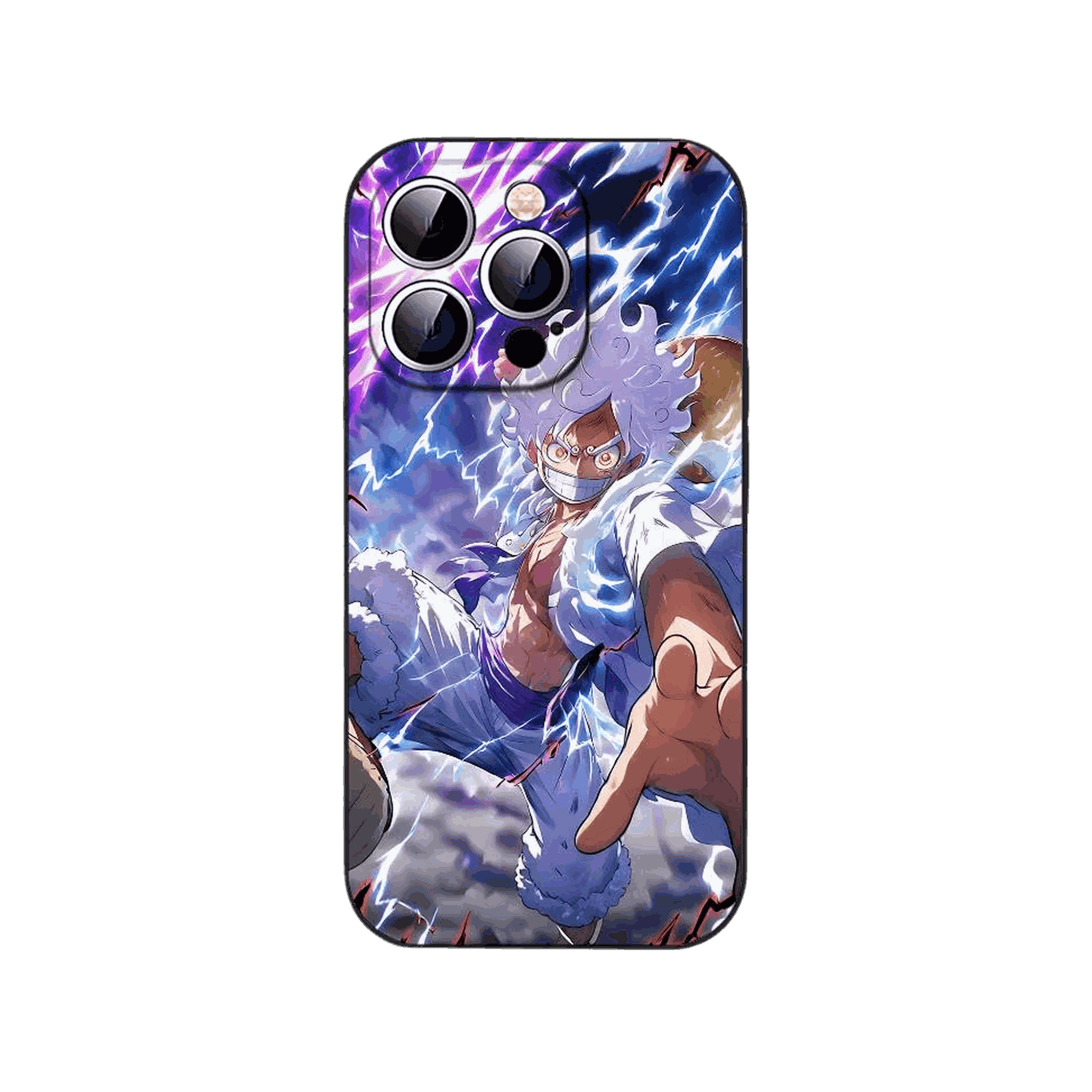 Coque iPhone One Piece illustrant Luffy en forme éveillée debout parmi les nuages et les éclairs violets